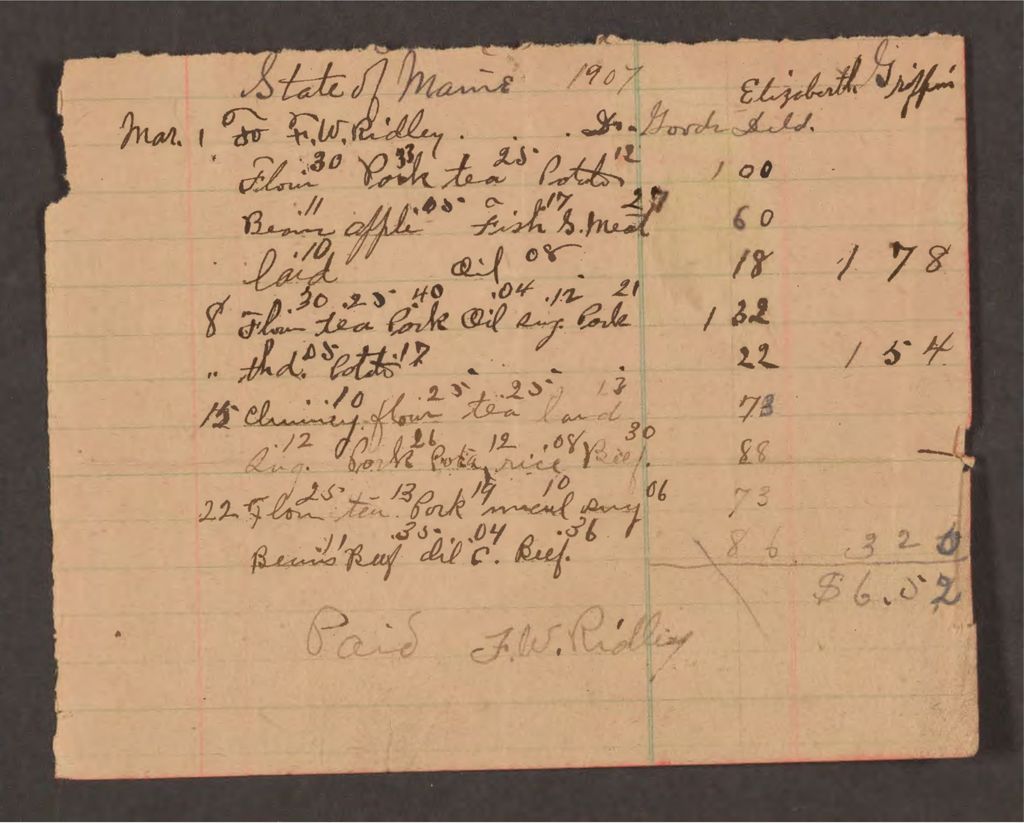 Miniature of Account with F.W. Ridley for Elizabeth Griffin