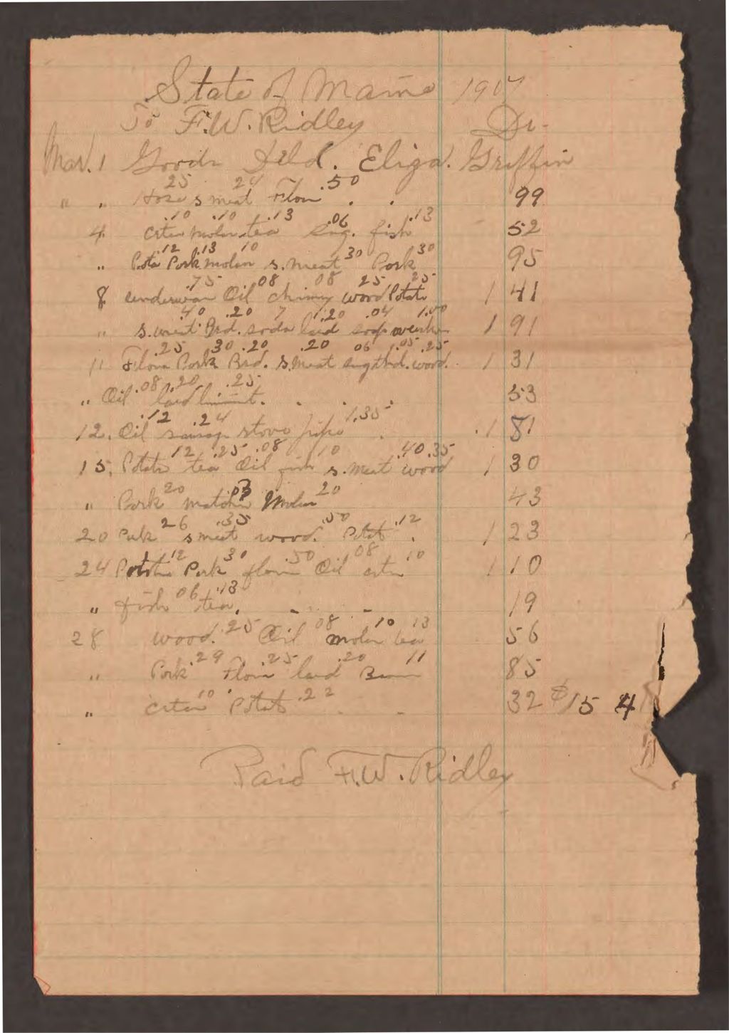 Miniature of Account with F.W. Ridley for Eliza Griffin