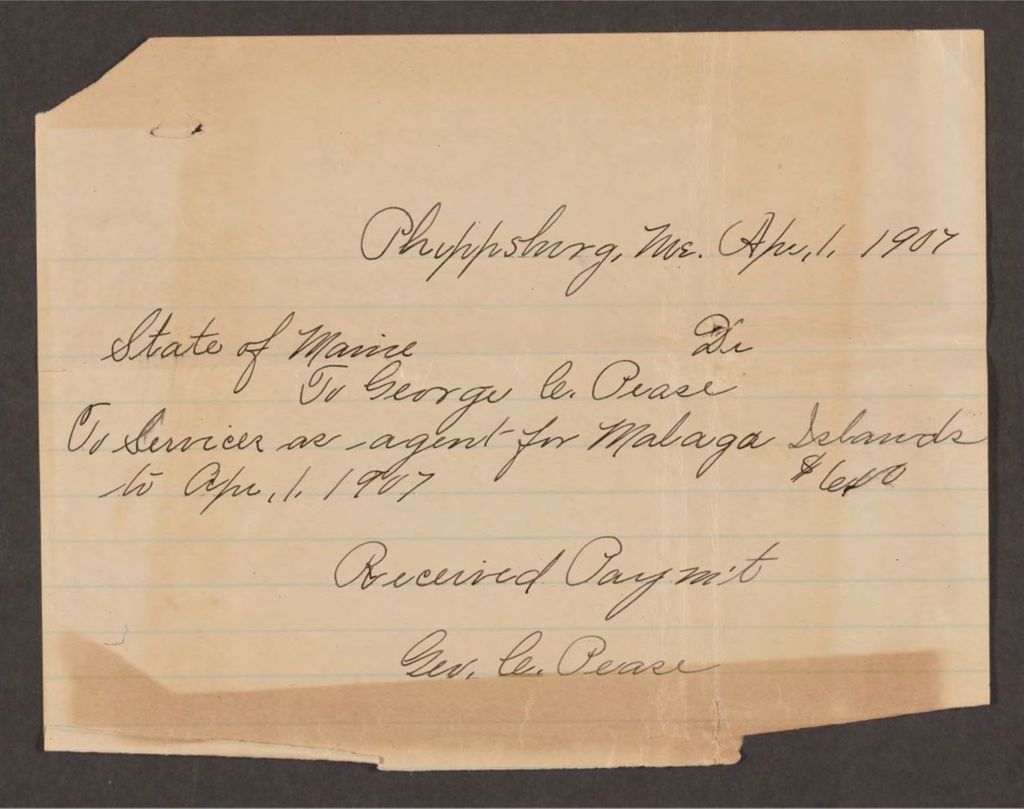 Miniature of Account with George C. Pease for services rendered in behalf of paupers on Malaga Island