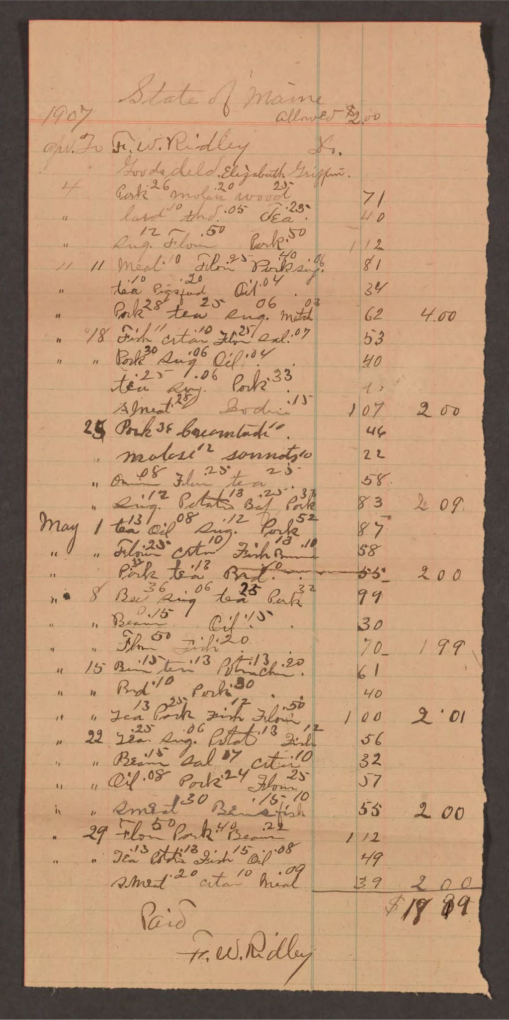 Miniature of Account with F.W. Ridley for Elizabeth Griffin