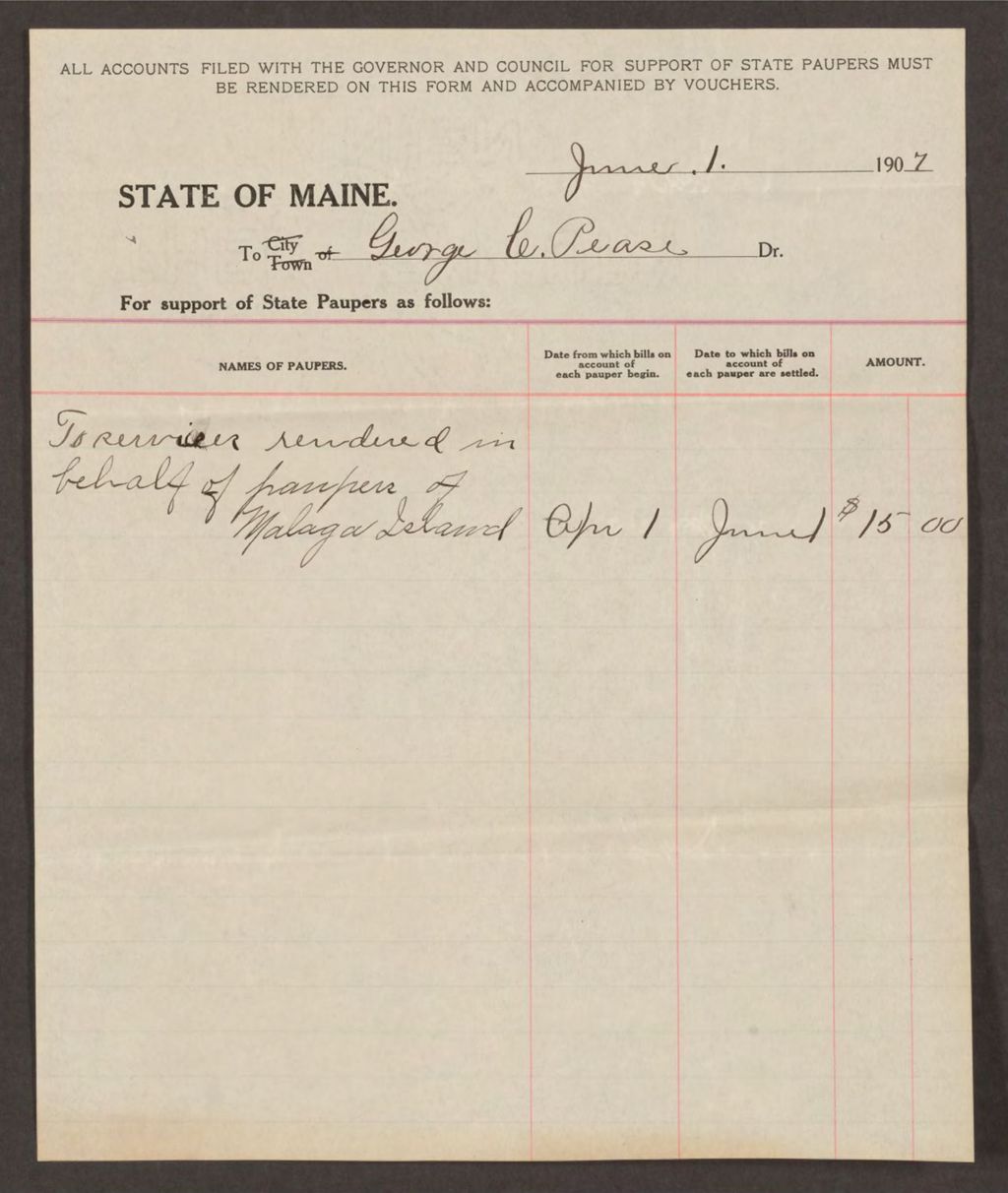Miniature of Account with George C. Pease for services rendered in behalf of paupers on Malaga Island