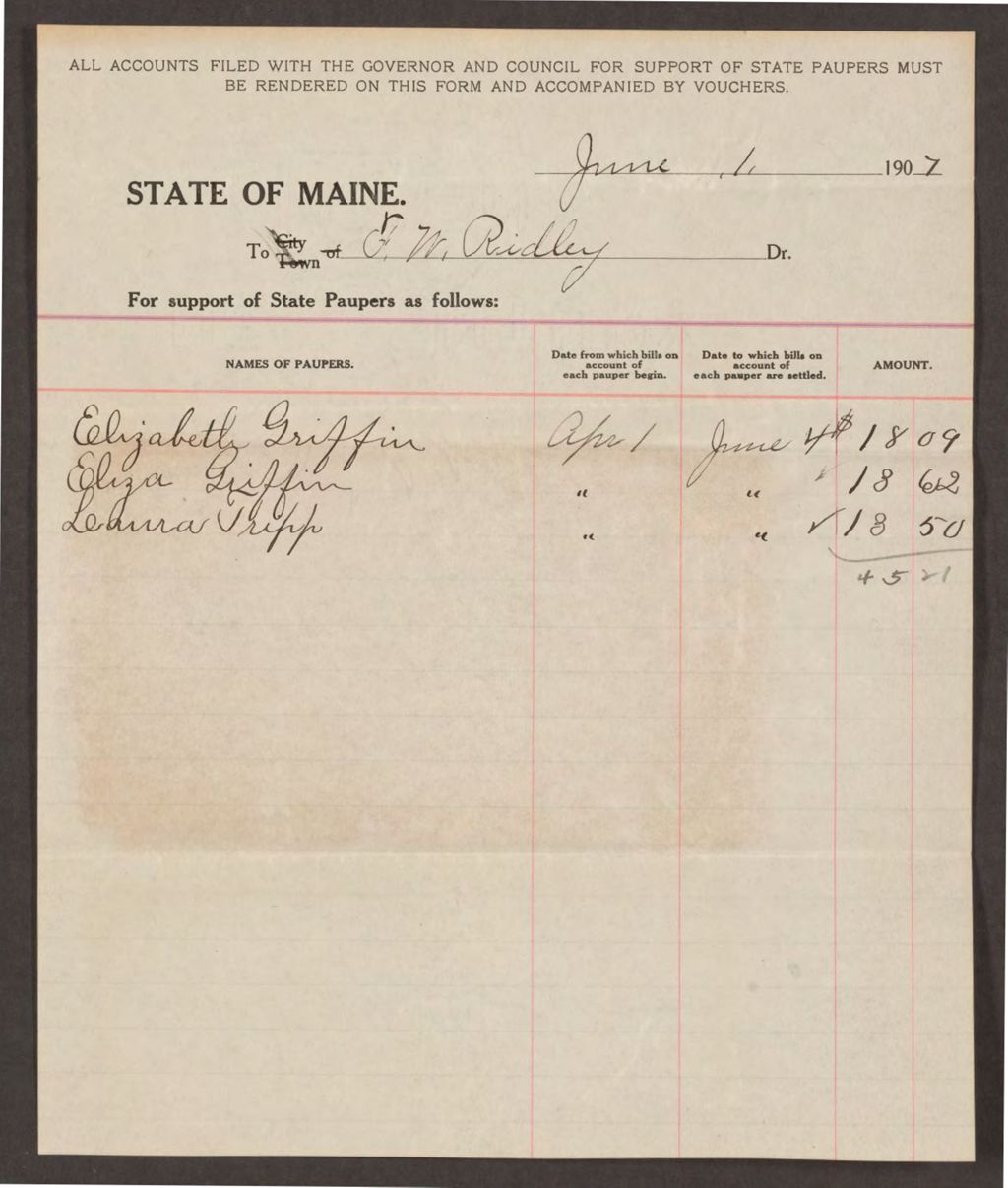 Miniature of Account with F.W. Ridley for Elizabeth Griffin, Eliza Griffin, and Laura Tripp