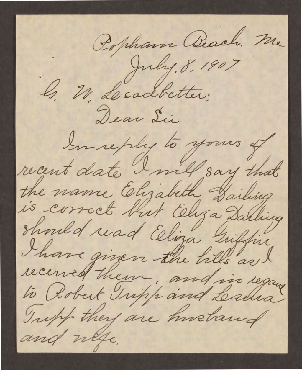 Miniature of Letter to G.W. Leadbetter from George C. Pease regarding corrections on bills for Malaga Islands