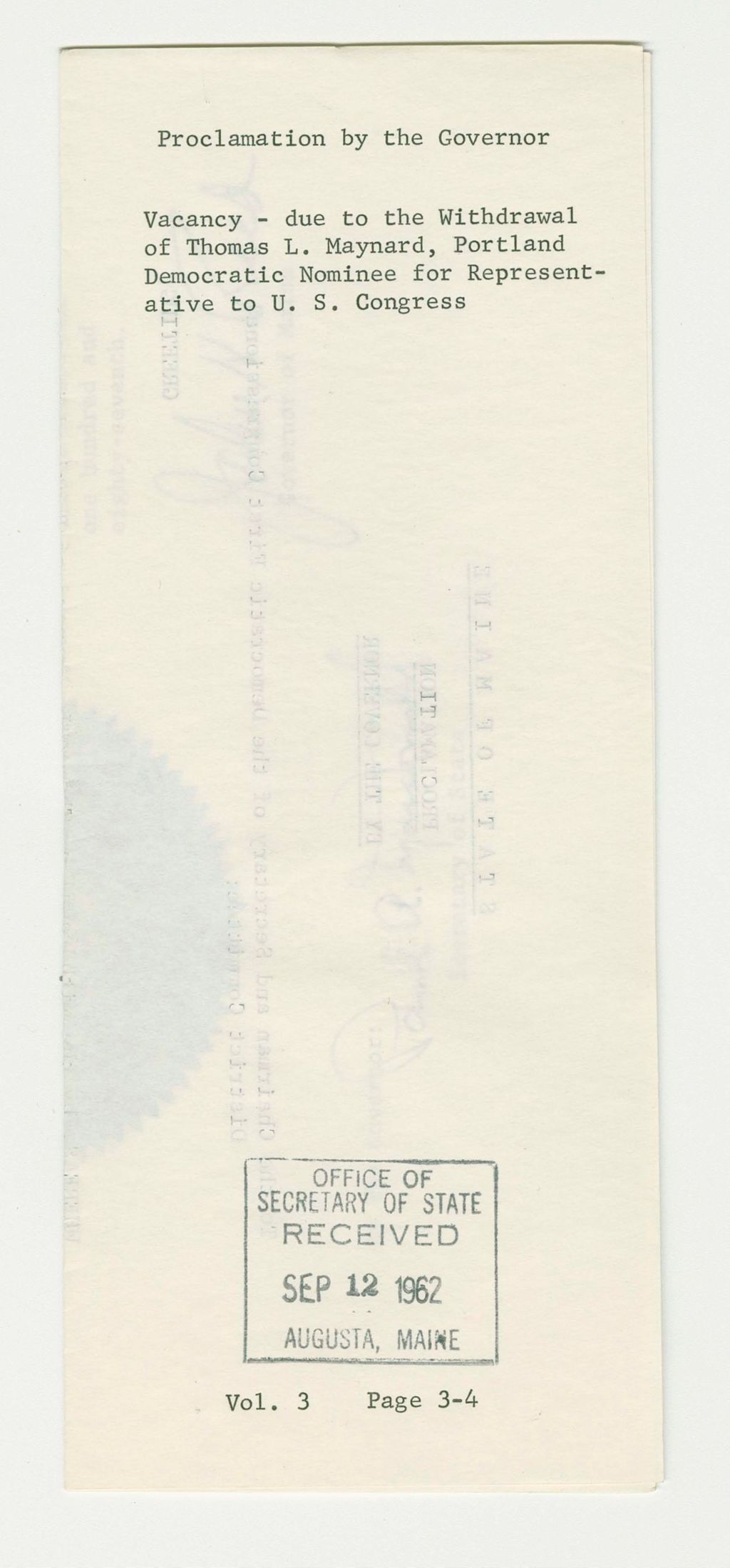 Miniature of Vacancy- due to the Withdrawal of Thomas L. Maynard, Portland Democratic Nominee for Representative to U.S. Congress