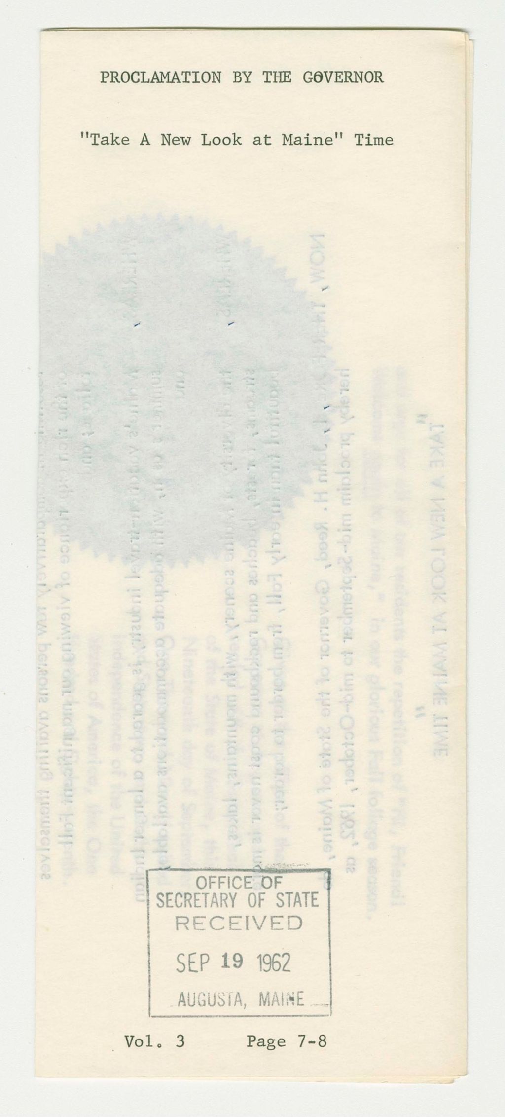Miniature of "Take a New Look at Maine" Time Proclamation