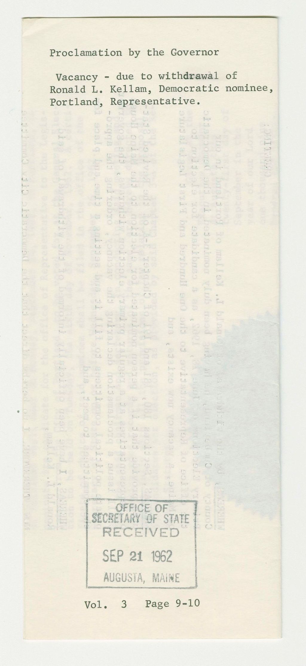Miniature of Vacancy- due to withdrawal of Ronald L. Kellam, Democratic nominee, Portland, Representative
