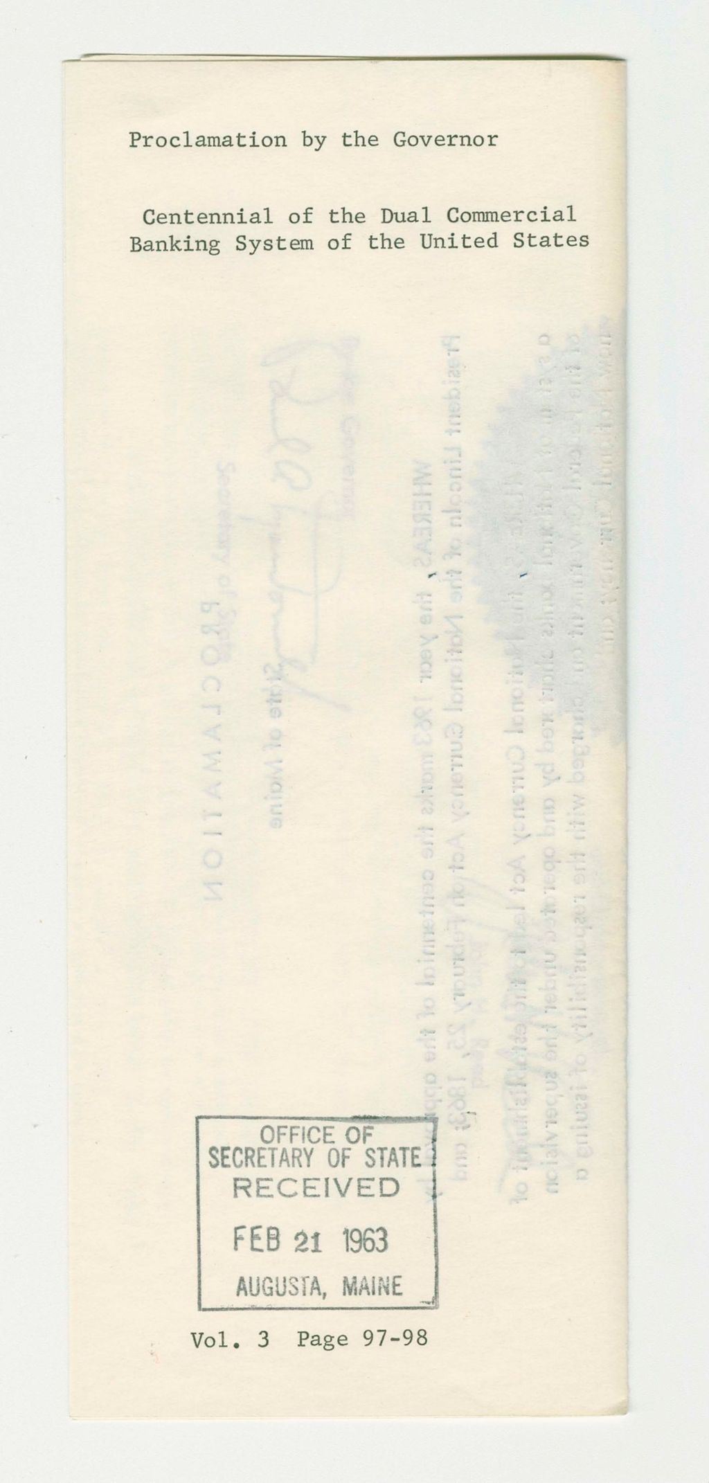 Miniature of Centennial of the Dual Commercial Banking System of the United State Proclamation
