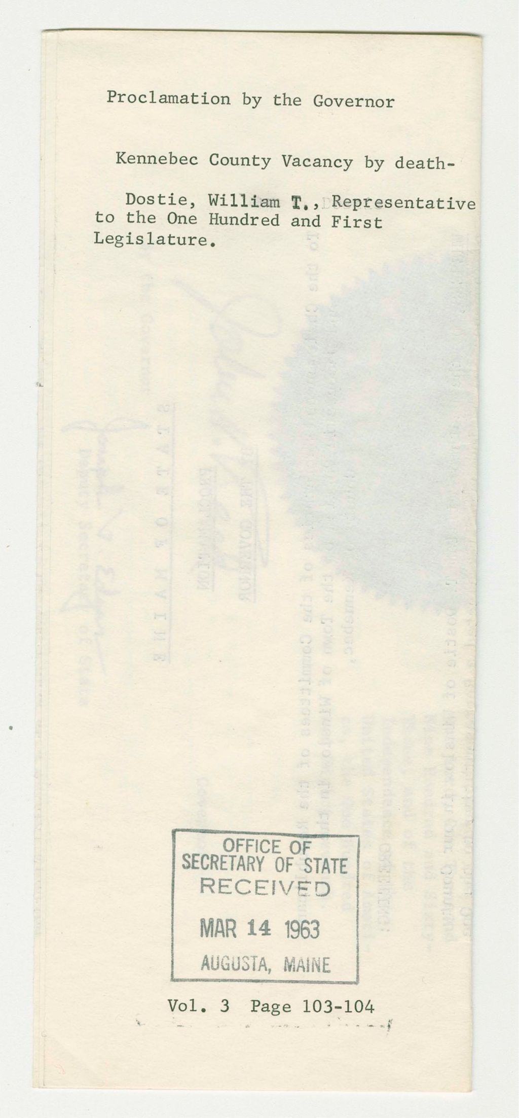 Miniature of Kennebec County Vacancy by death- Dostie, William T., Representative to the One Hundred and First Legislature