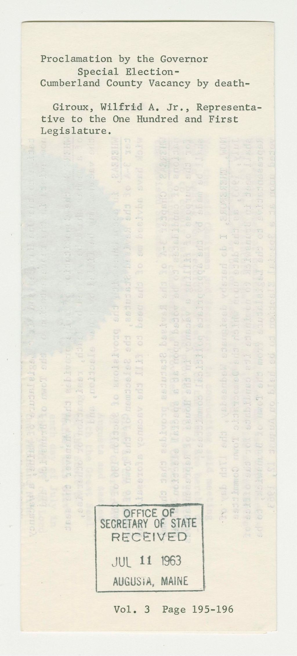 Miniature of Special Election- Cumberland County Vacancy by Death- Giroux, Wilfird A. Jr., Representative to the One Hundred and First Legislature