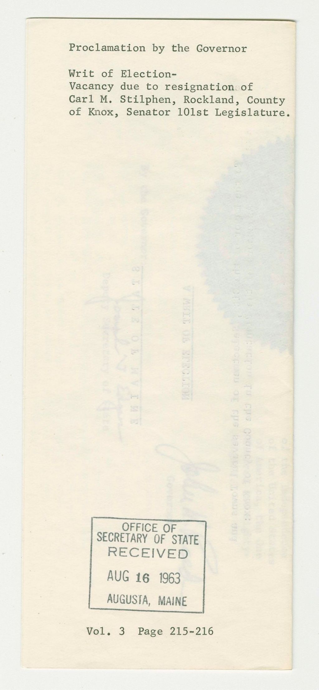 Miniature of Writ of Election- Vacancy due to resignation of Carl M. Stilphen, Rockland, County of Knox, Senator 101st Legislature