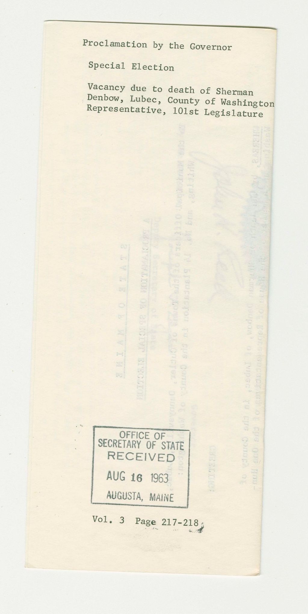 Miniature of Special Election Vacancy due to death of Sherman Denbow, Lubec, County of Washington Representative, 101st Legislature