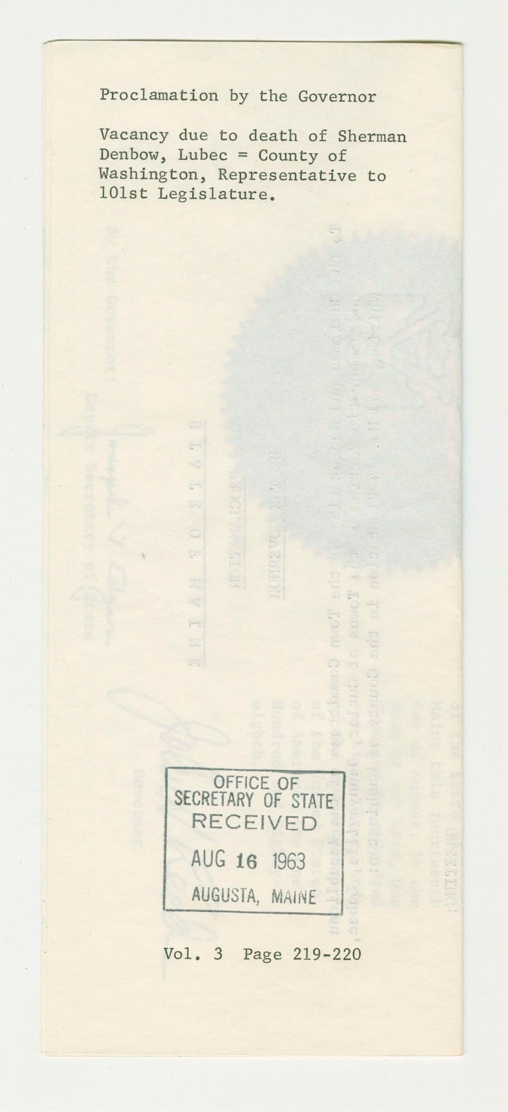 Miniature of Vacancy due to death of Sherman Denbow, Lubec- County of Washington, Representative to 101st Legislature