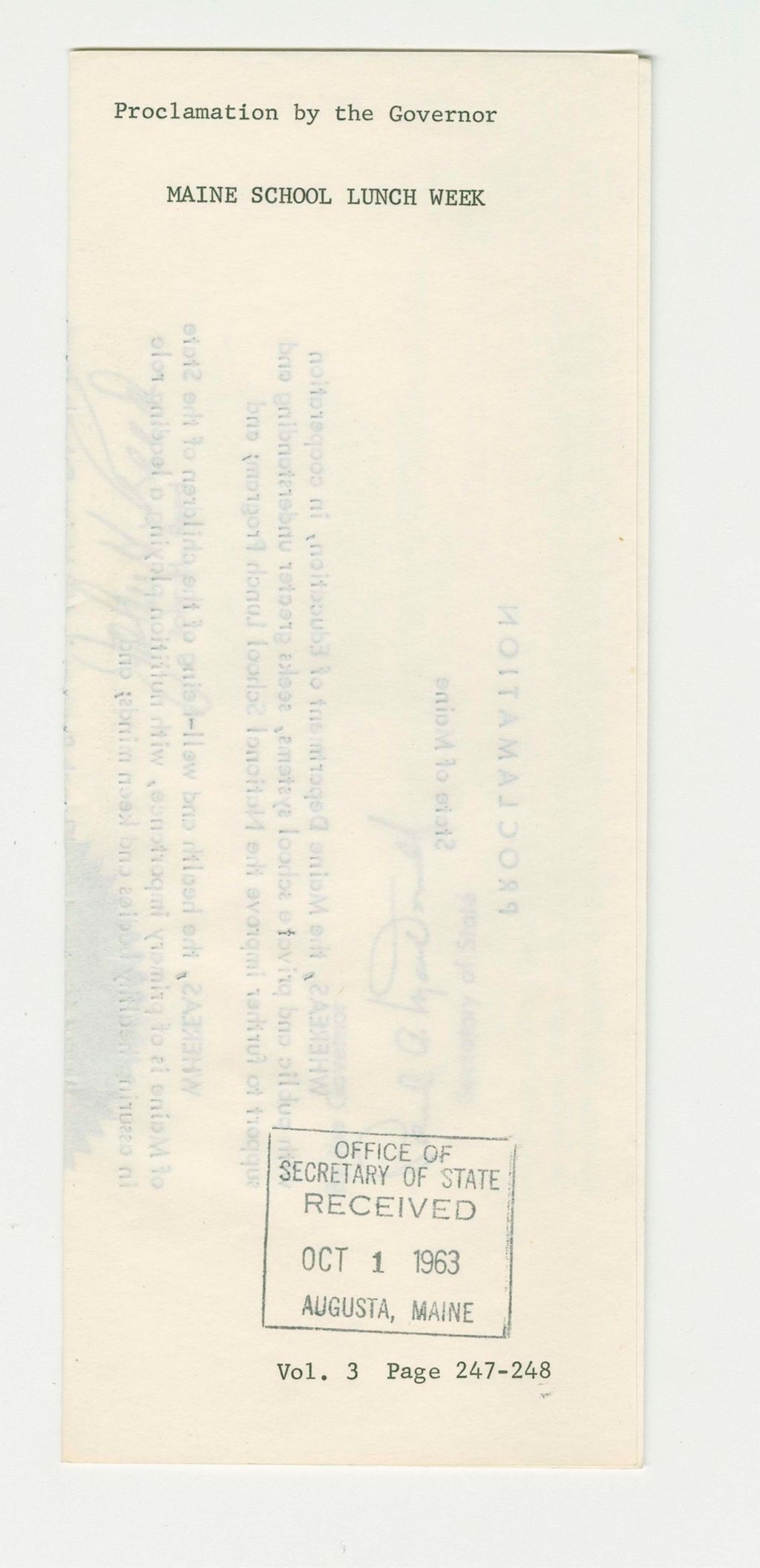 Miniature of Maine School Lunch Week Proclamation