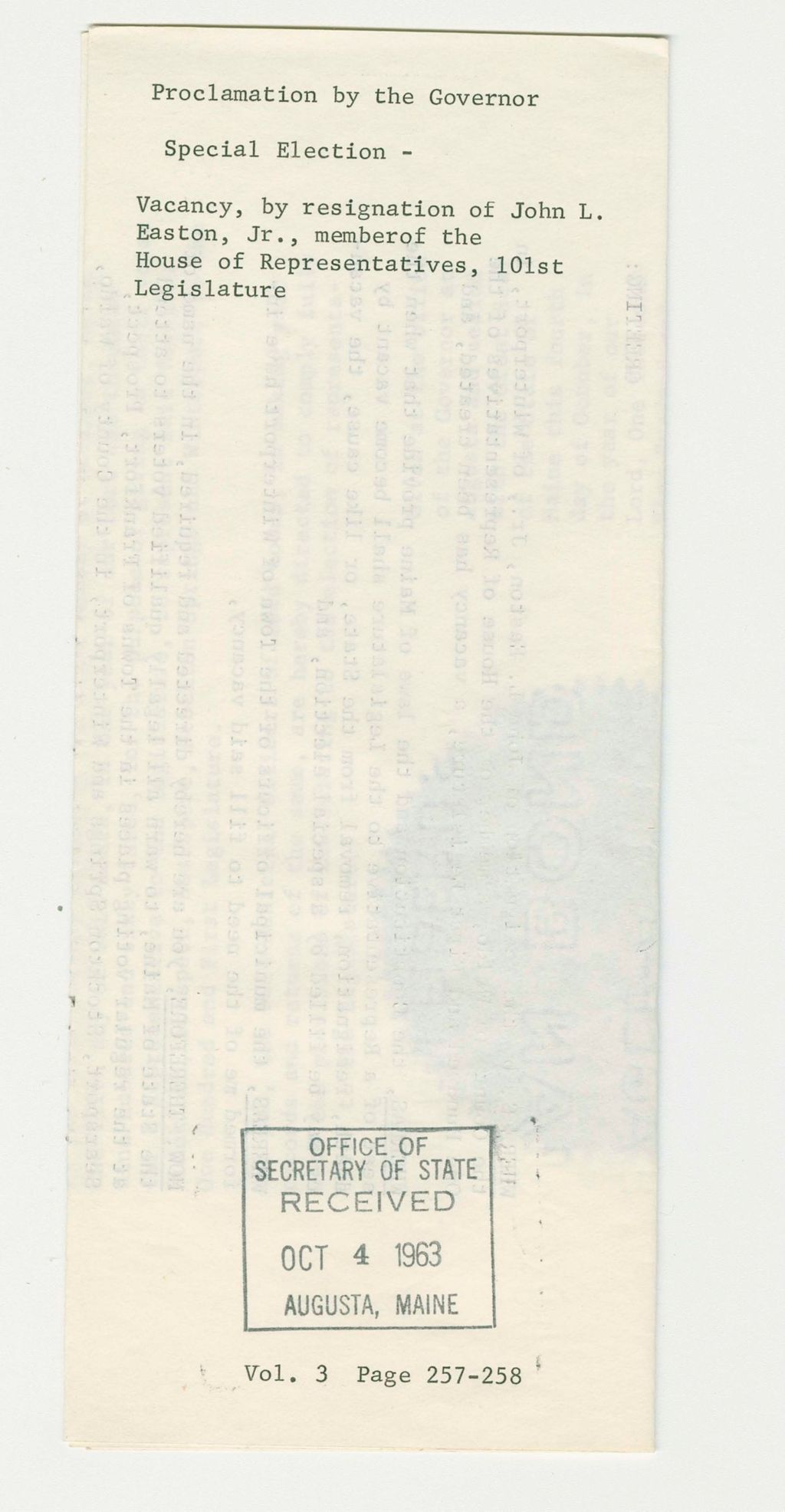 Miniature of Special Election- Vacancy, by resignation of John L. Easton, Jr., member of the House of Representatives, 101st Legislature