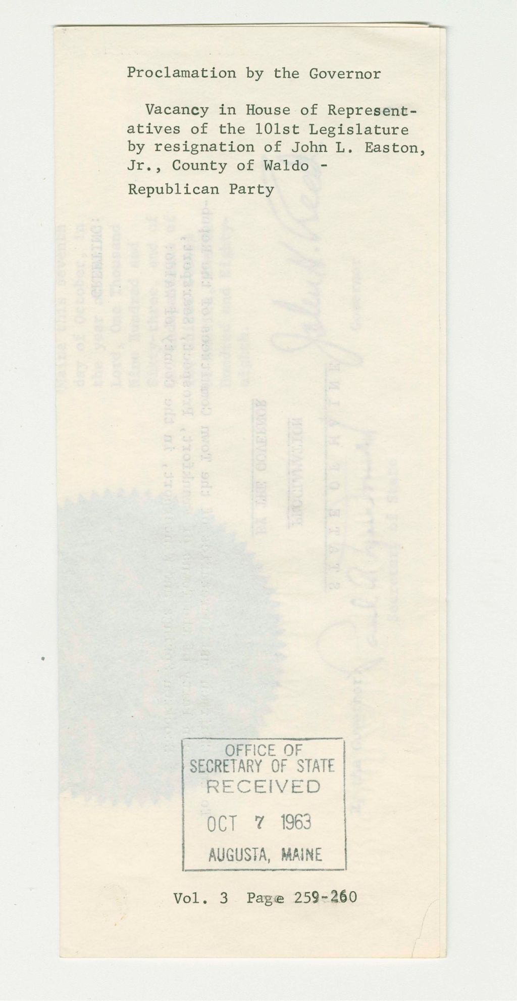 Miniature of Vacancy in House of Representatives of the 101st Legislature by resignation of John L. Easton Jr., County of Waldo- Republican Party