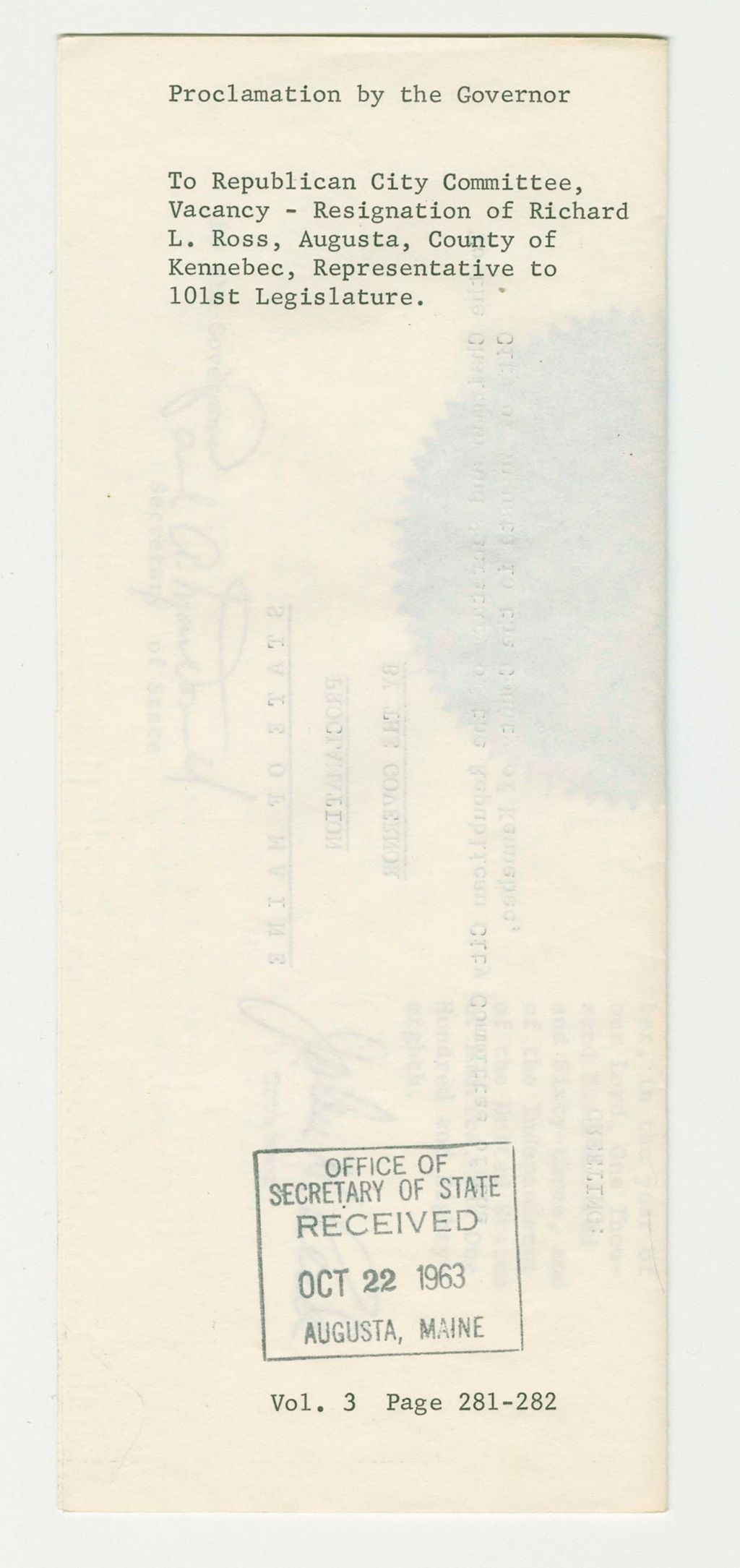 Miniature of To Republican City Committee Vacancy- Resignantion of Richard L. Ross, Augusta, County of Kennebec, Representative to 101st Legislature