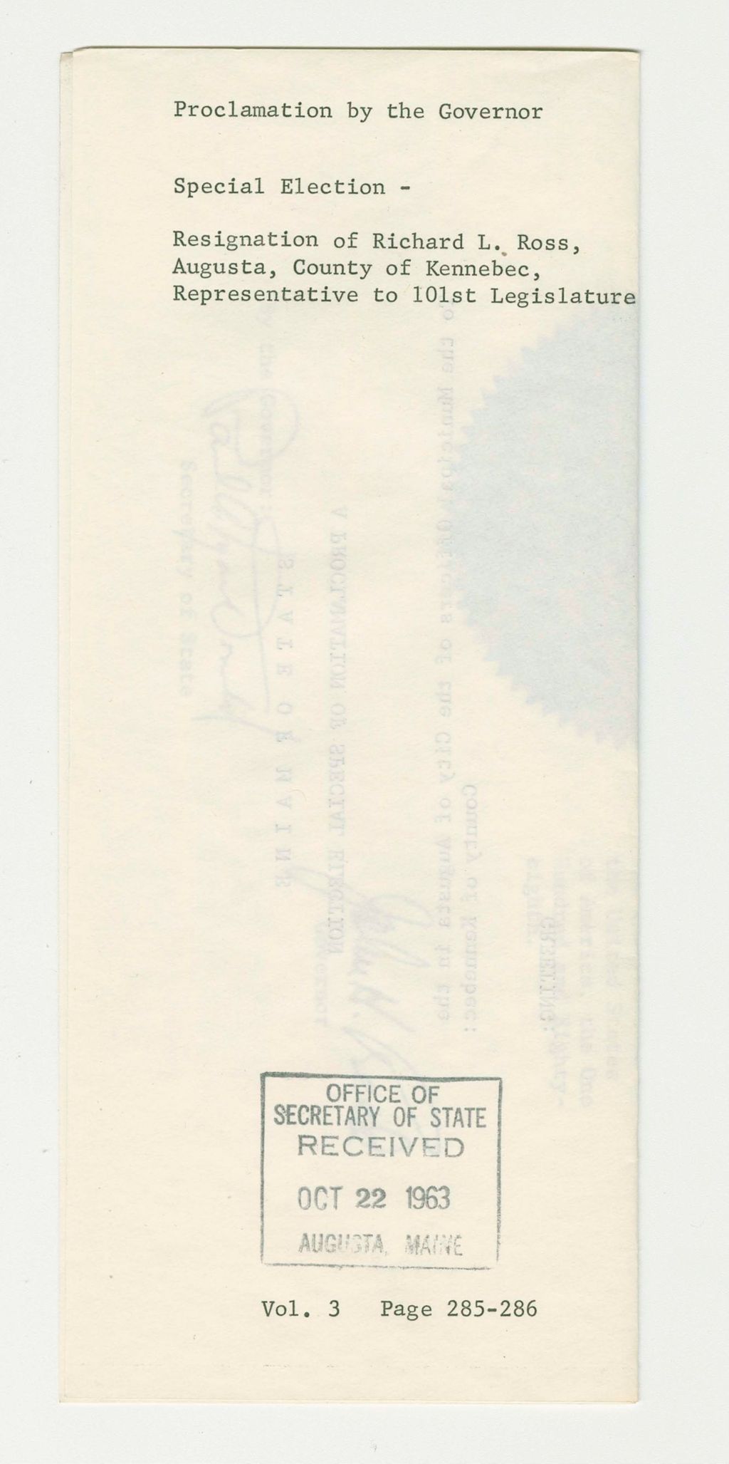Miniature of Special Election- Resignation of Richard L. Ross, Augusta, County of Kennebec, Representative to 101st Legislature