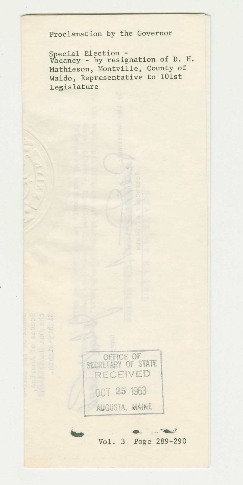 Miniature of Special Election-Vacancy- by Resignation of D.H. Mathieson, Montville, County of Waldo, Representative to 101st Legislature