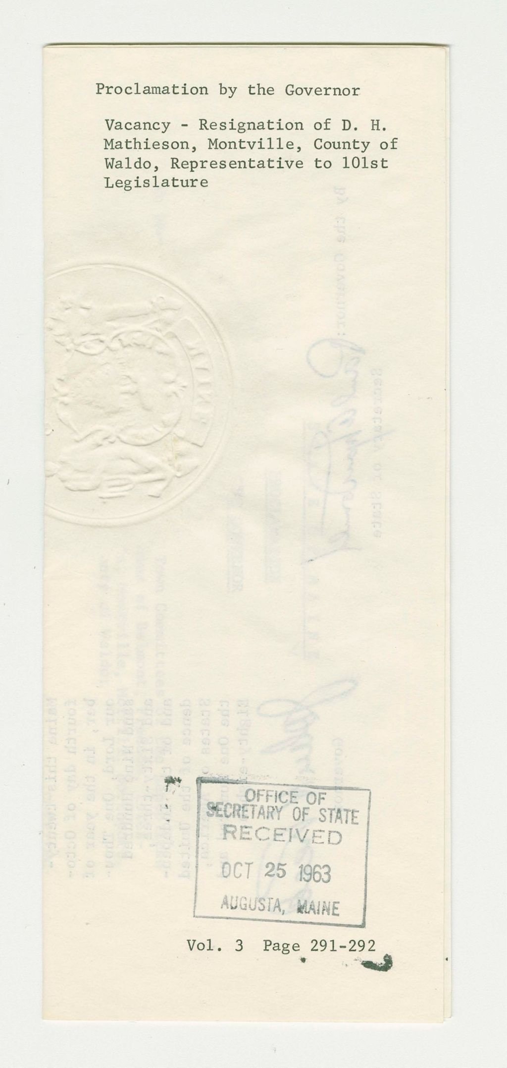 Miniature of Vacancy- Resignation of D.H. Mathieson, Montville, County of Waldo, Representative to 101st Legislature