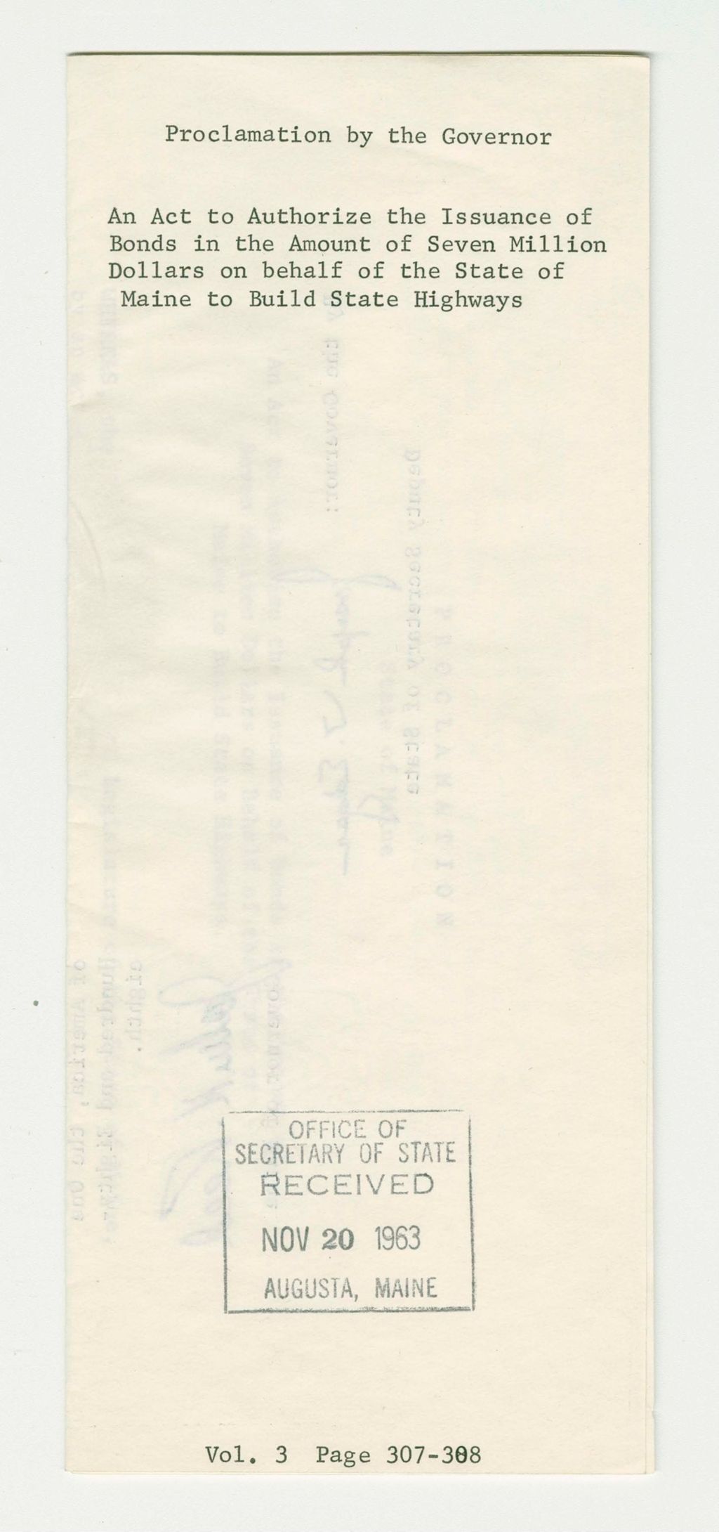 Miniature of An Act to Authorize the Issuance of Bonds in the Amount of Seven Million Dollars on behalf of the State of Maine to Build State Highways