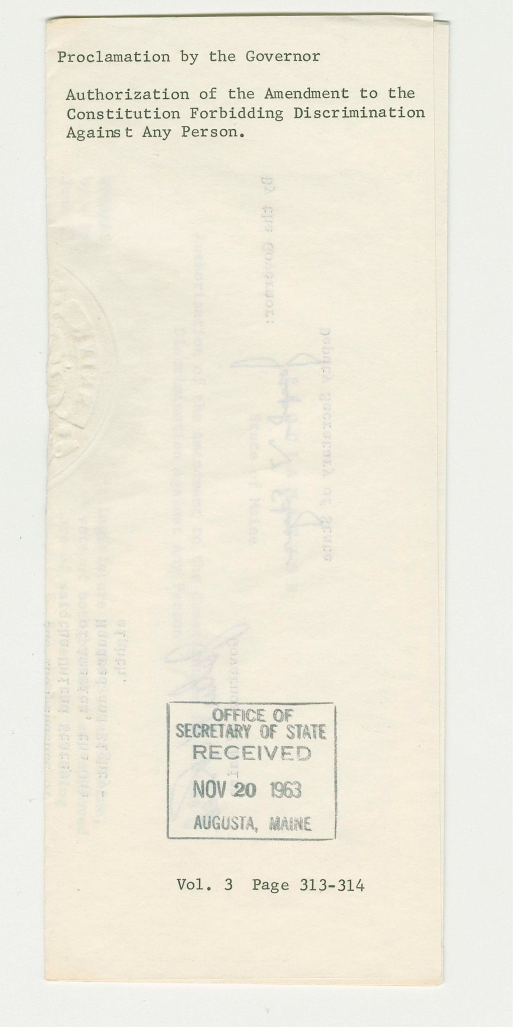 Miniature of Authorization of the Amendment to the Constitution Forbidding Discrimination Against Any Person