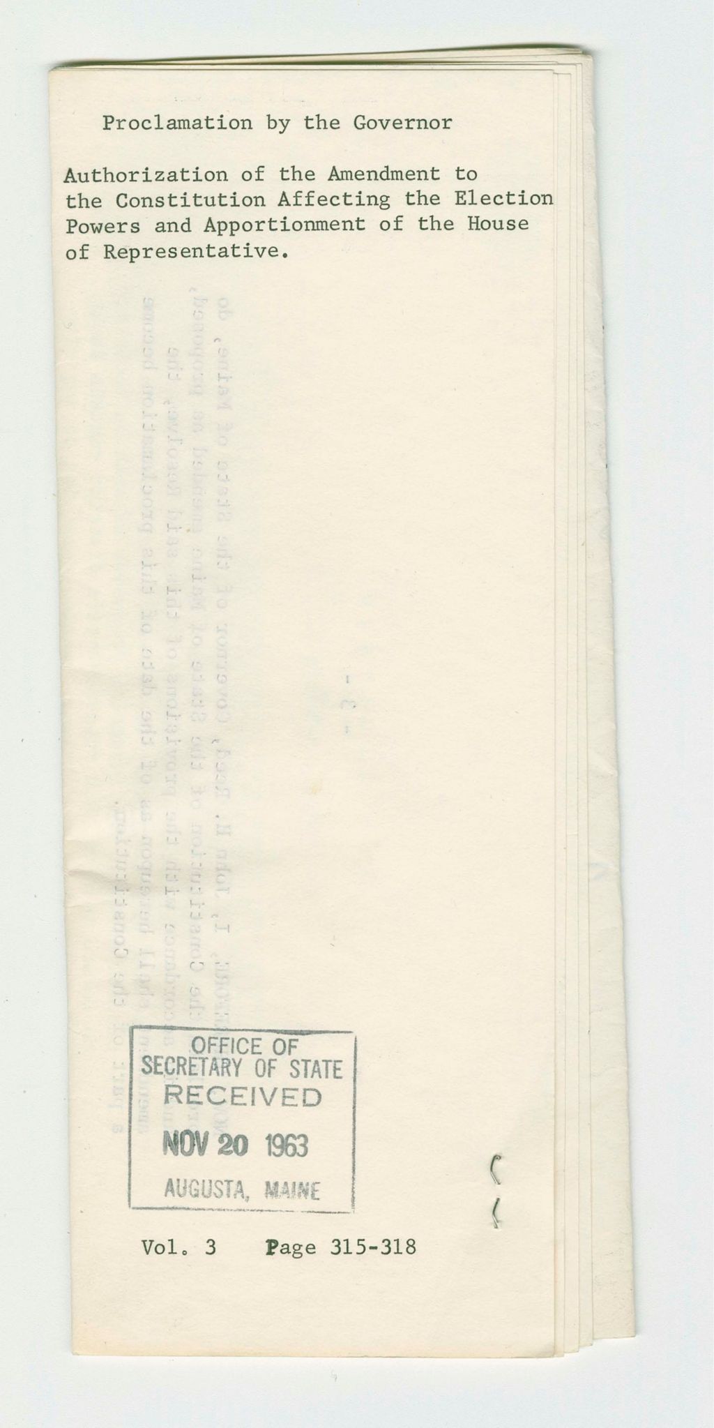 Miniature of Authorization of the Amendment to the Constitution Affecting the Election Powers and Apportionment of the House of Representative