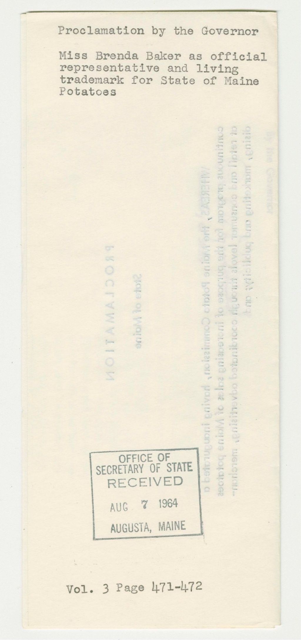 Miniature of Miss Brenda Baker as official representative and living trademark for State of Maine Potatoes
