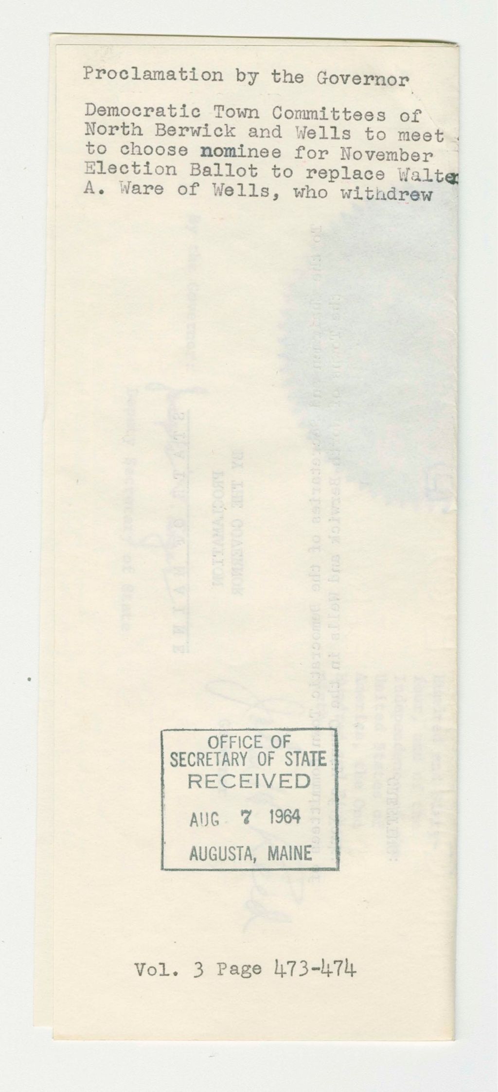 Miniature of Democratic Town Committees of North Berwick and Wells to meet to choose nominee for November Election Ballot to replace Walter A. Ware of Wells, who withdrew