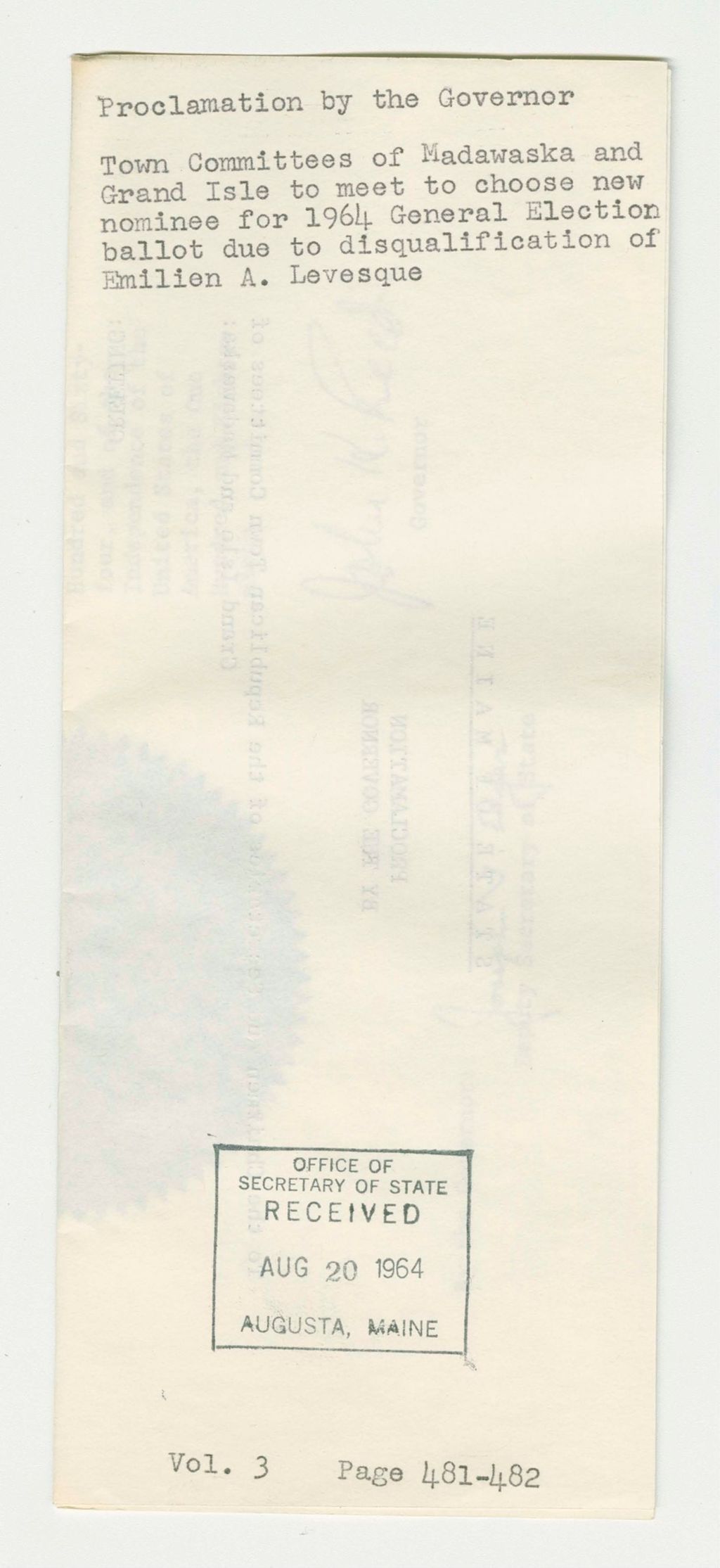 Miniature of Town Committees of Madawaska and Grand Isle to meet to choose new nominee for 1964 General Election ballot due to disqualification of Emilien A. Levesque