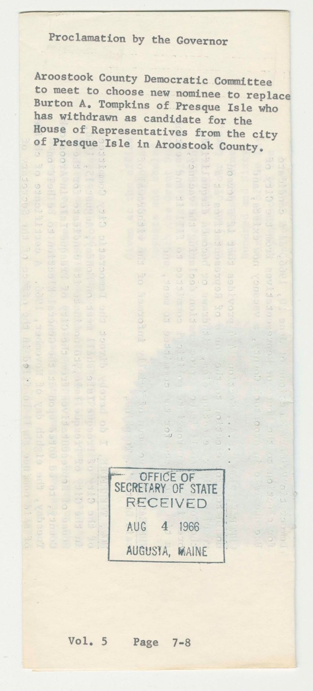 Miniature of Aroostook County Democratic Committee to meet to choose new nominee to replace Burton A. Tompkins of Presque Isle who has withdrawn as candidate for the House of Representatives from the city of Presque Isle in Aroostook County