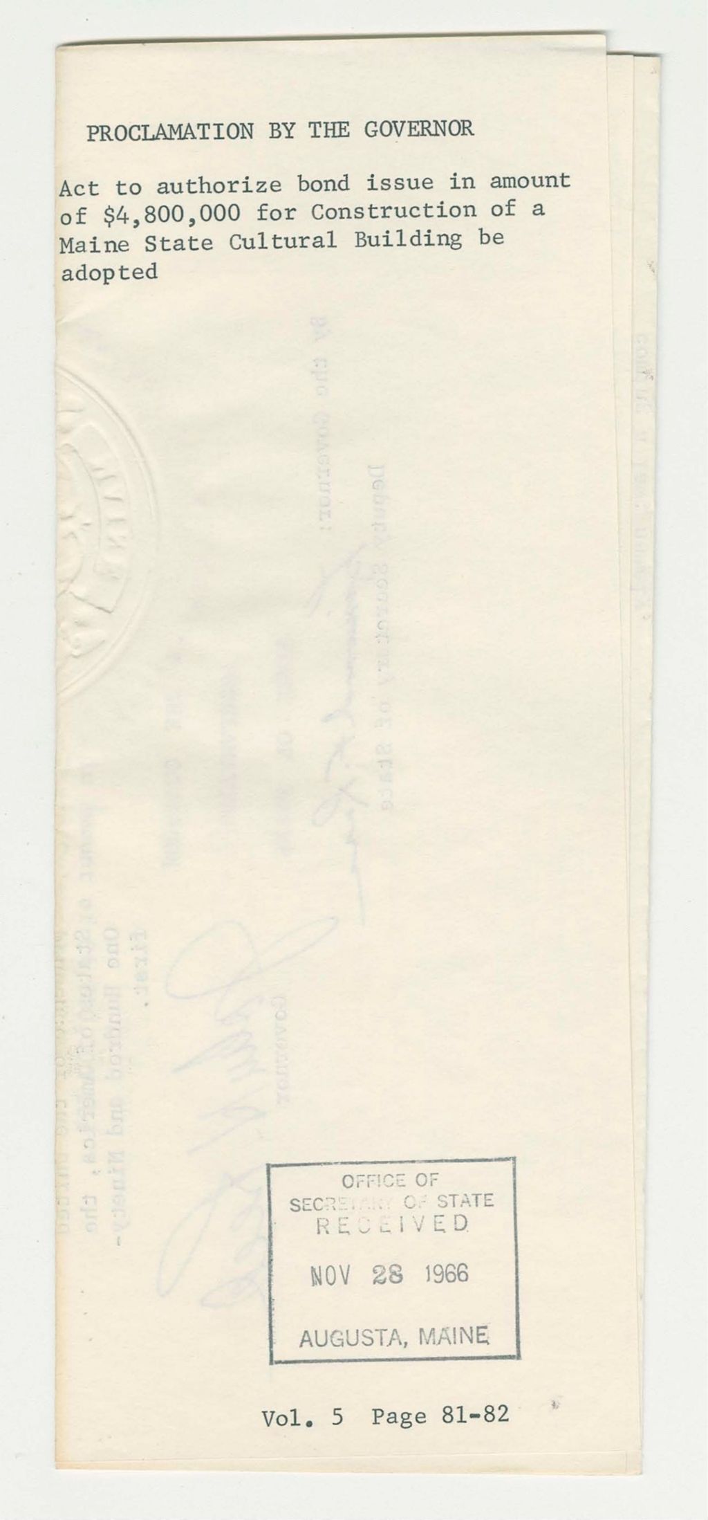 Miniature of Act to Authorize Bond Issue in Amount of $4,800,000 for construction of a Maine State Cultural Building be adopted