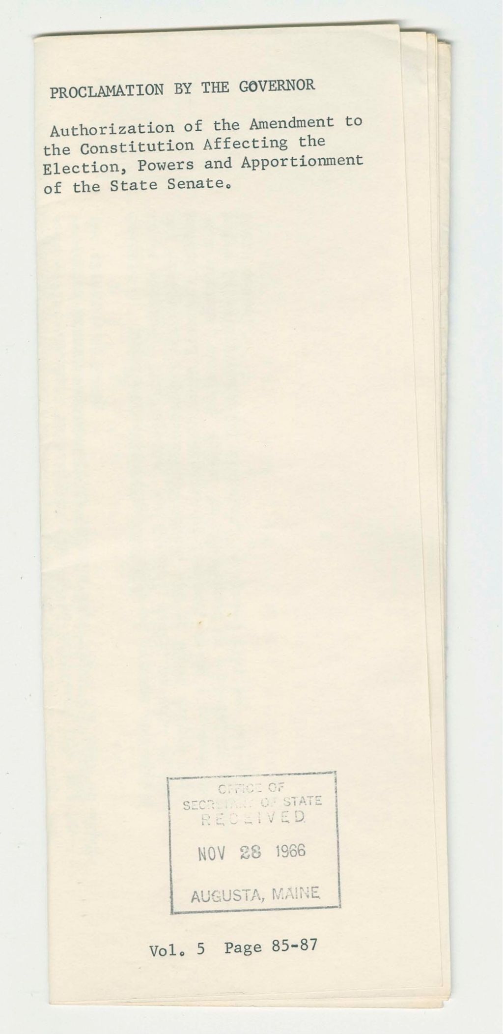 Miniature of Authorization of the Amendment to the Constitution Affecting the Election, Powers and Apportionment of the State Senate