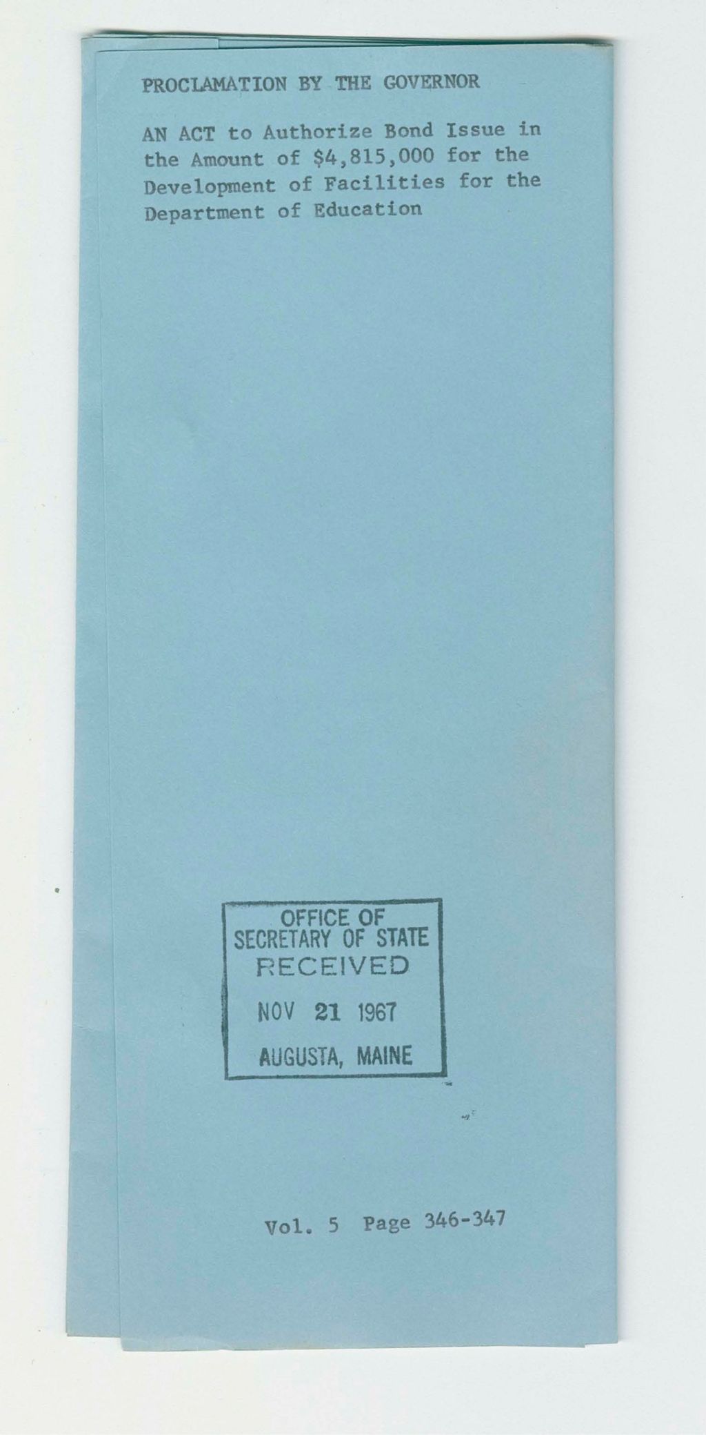 Miniature of An Act to Authorize Bond Issue in the Amount of $4,815,000 for the Development of Facilities for the Department of Education
