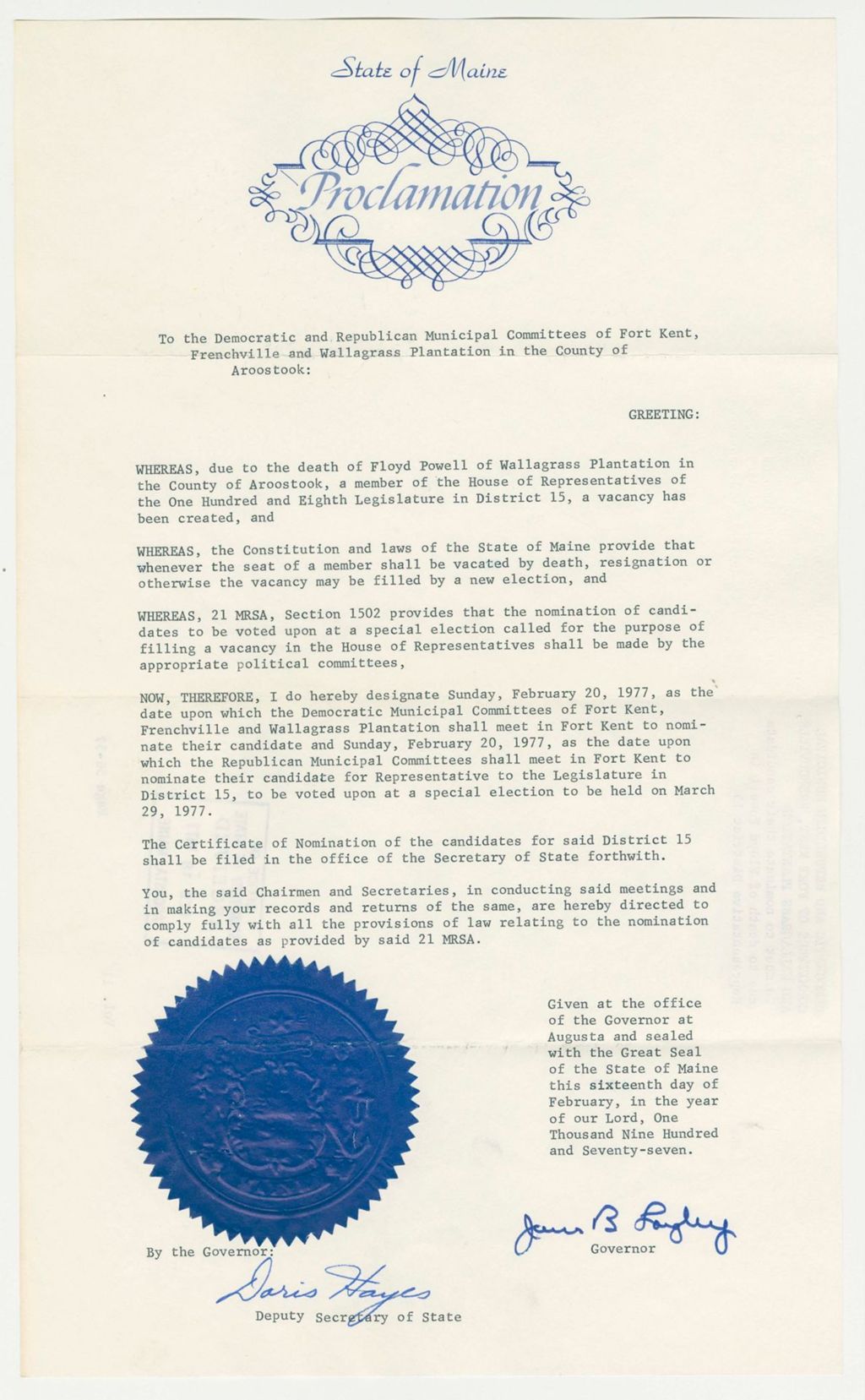 Miniature of Democratic and Republican Municipal Committees of Fort Kent, Frenchville, and Wallagrass Plantation to meet to nominate their candidate due to death of Floyd Powell in Representative District 15