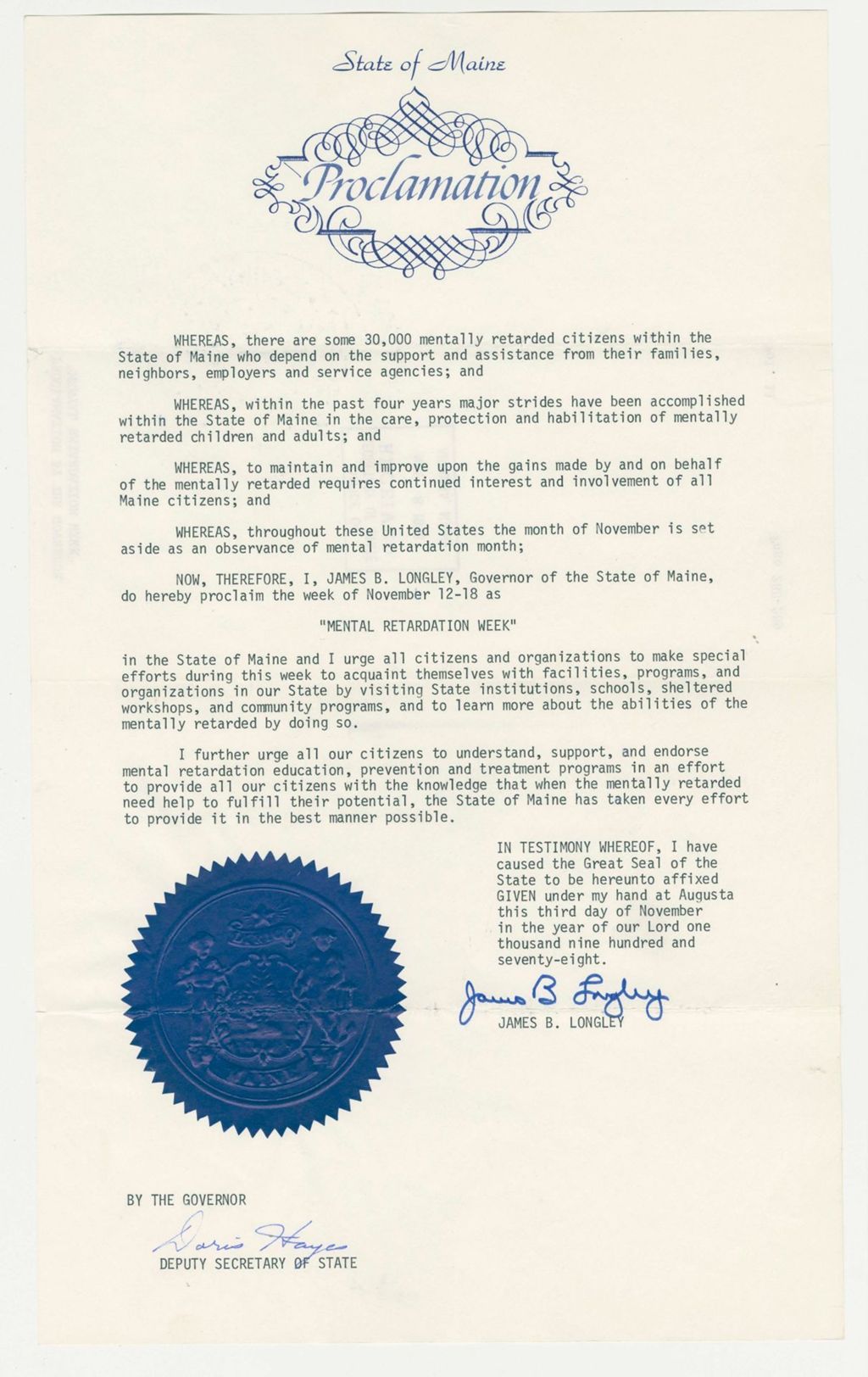 Miniature of Mental Retardation Week Proclamation