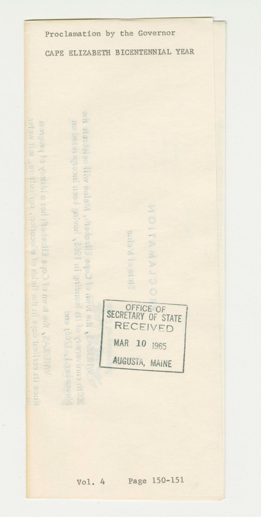 Miniature of Cape Elizabeth Bicentennial Year Proclamation