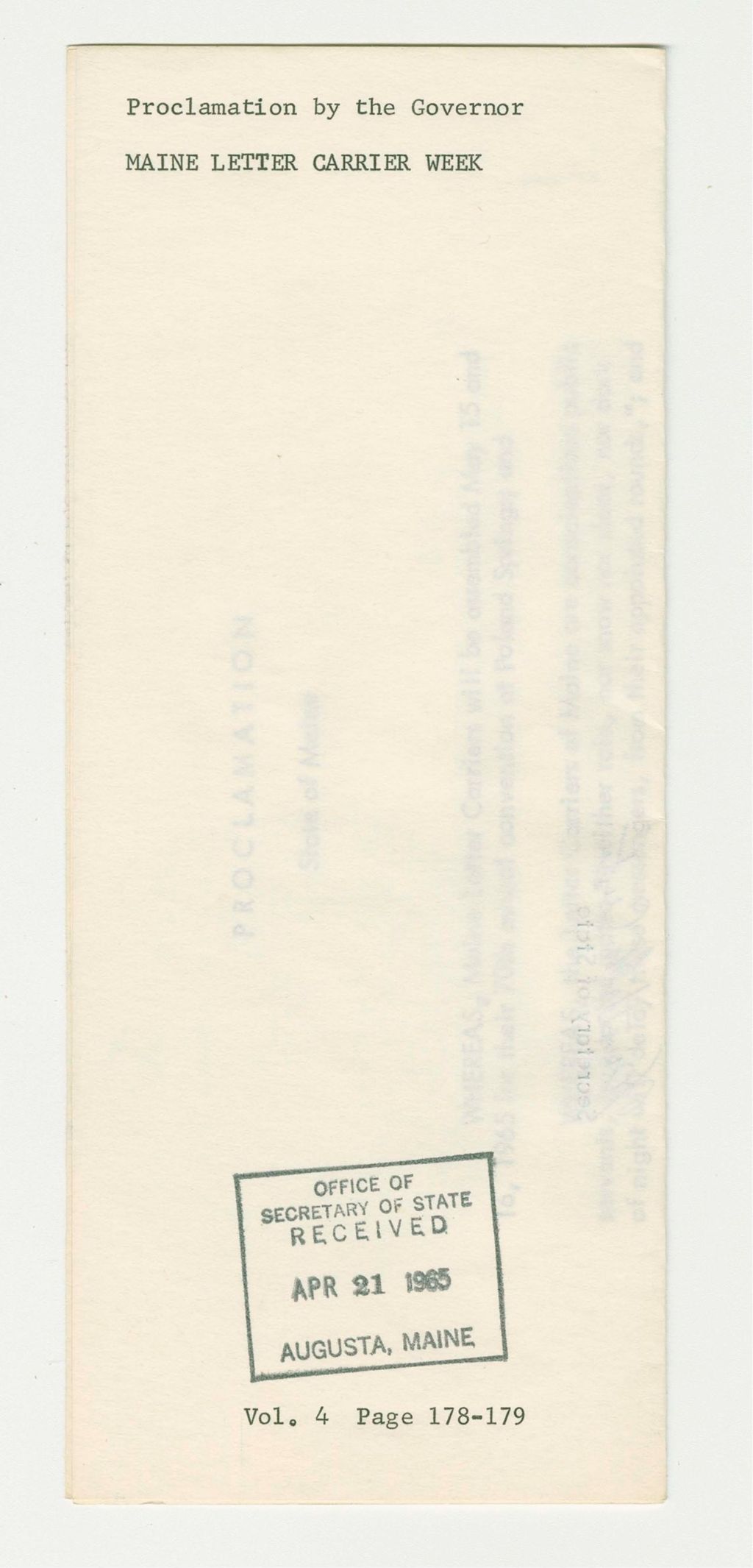 Miniature of Maine Letter Carrier Week Proclamation