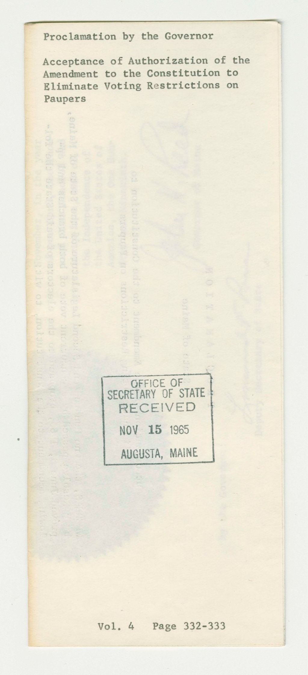 Miniature of Acceptance of Authorization of the Amendment to the Constitution to Eliminate Voting Restrictions on Paupers