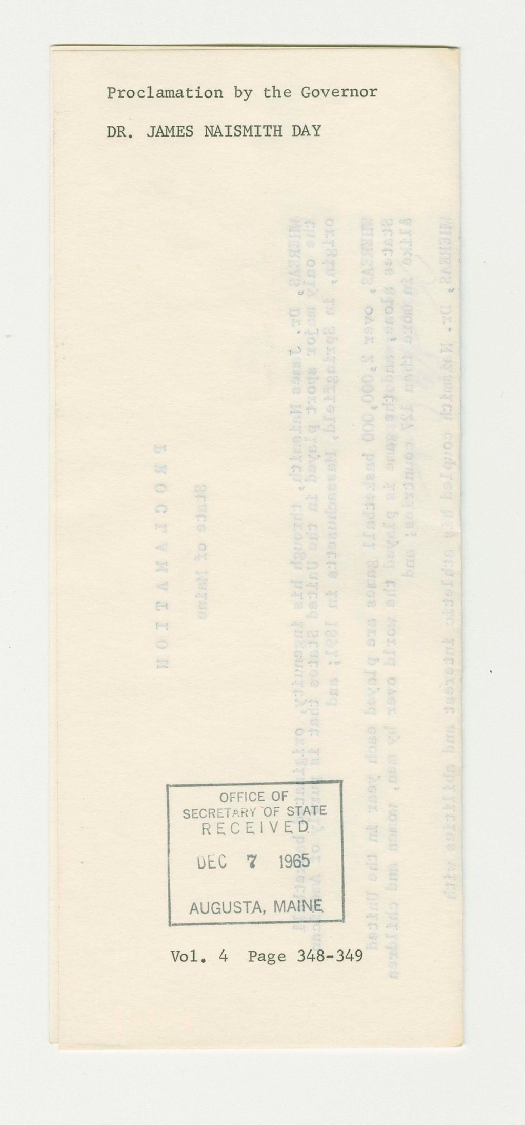 Miniature of Dr. James Naismith Day Proclamation