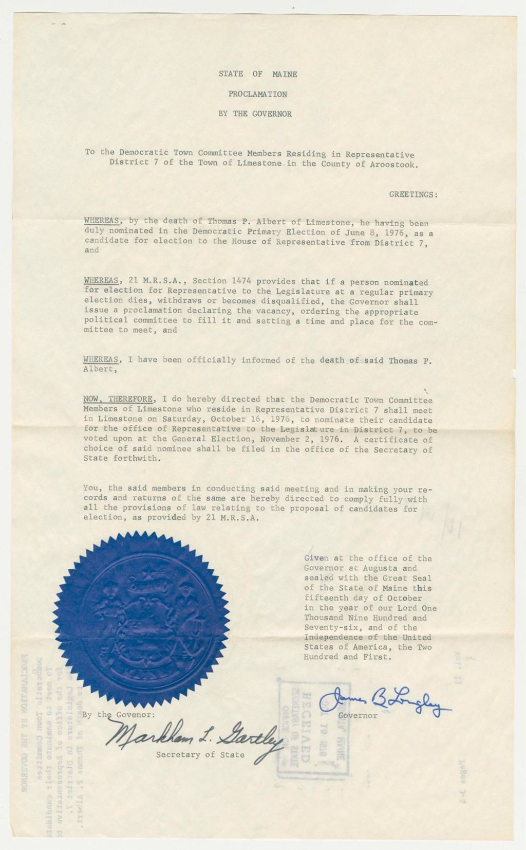 Miniature of Democratic Town Committee to meet to nominate their candidate for the office of Representative to the Legislature in District 7, due to death of Thomas P. Albert