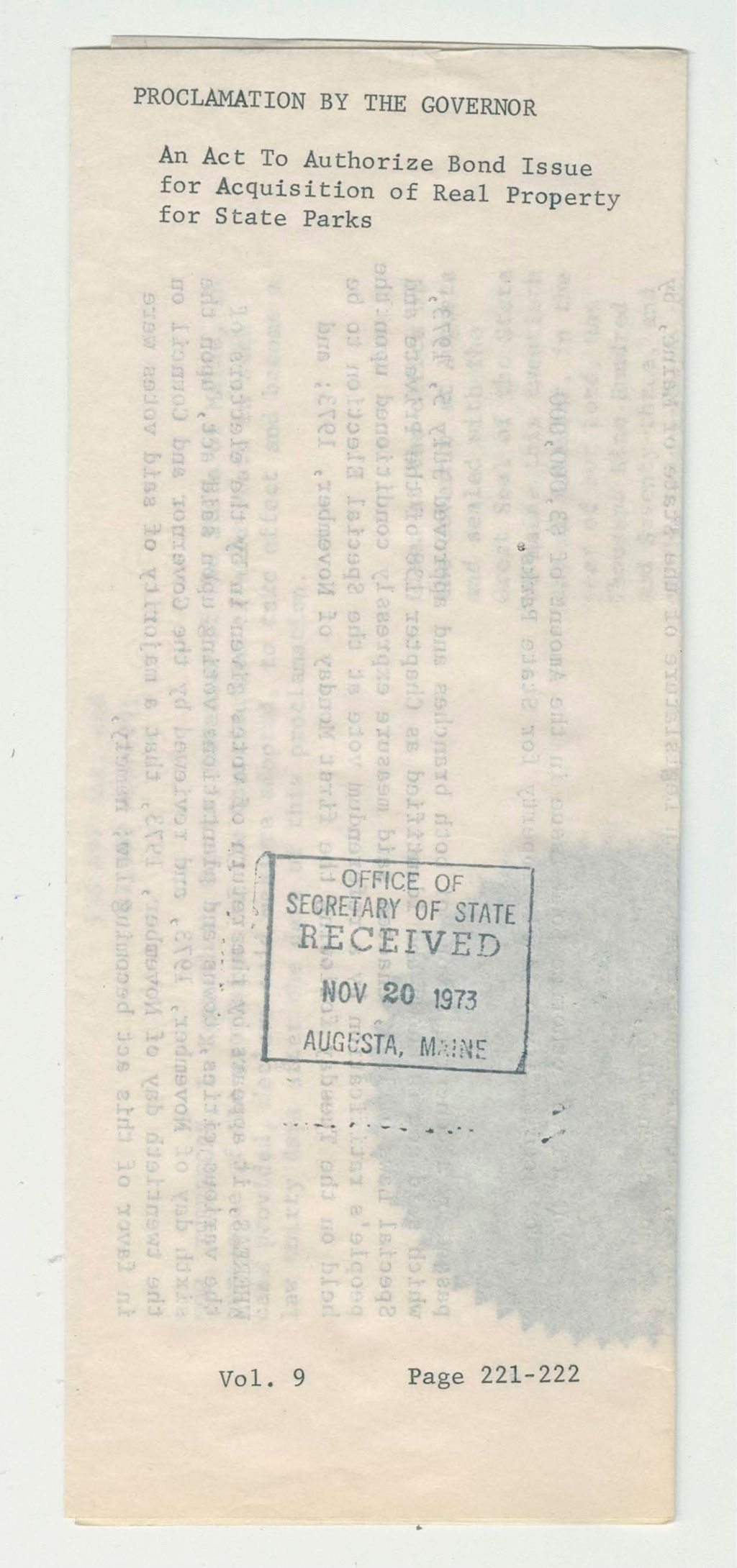 Miniature of An Act to Authorize Bond Issue for Acquisition of Real Property for State Parks