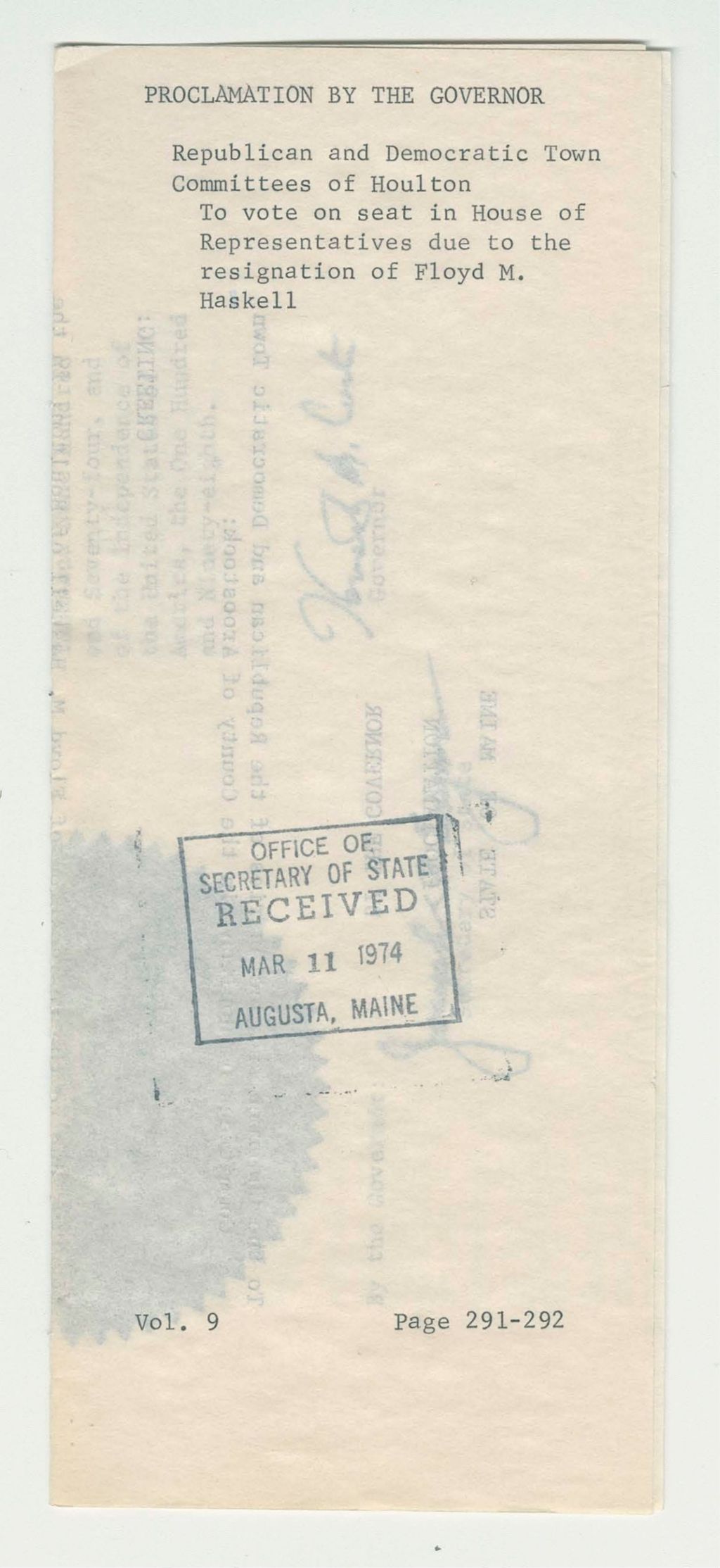 Miniature of Republican and Democratic Town Committees of Houlton to Vote on Seat in House of Representatives due to the resignation of Floyd M. Haskell