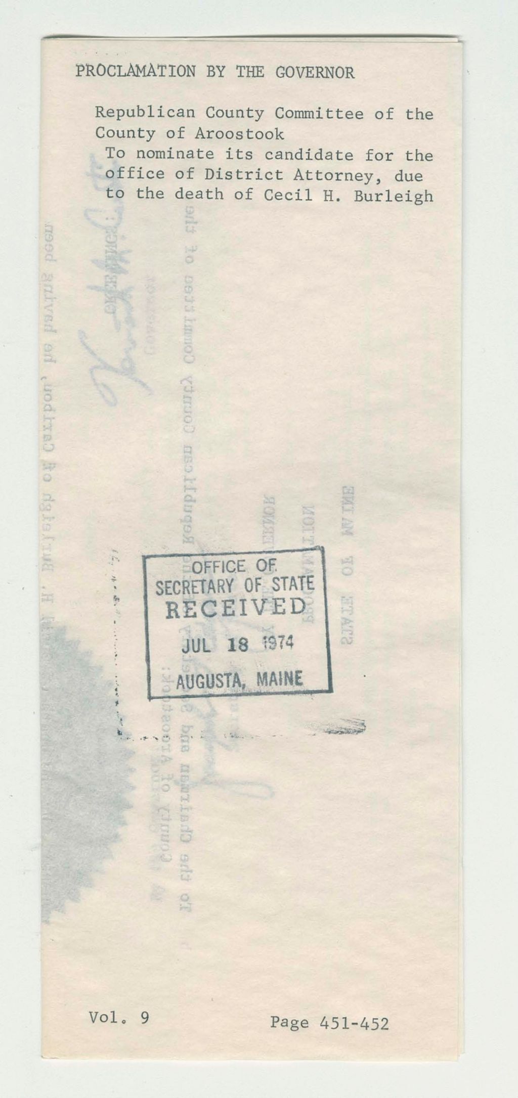 Miniature of Republican County Committeee of the County of Aroostook to nominate its candidate for the office of District Attorney, due to the death of Cecil H. Burleigh
