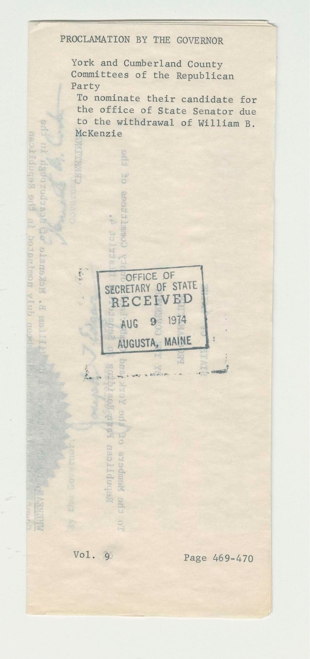 Miniature of York and Cumberland County Committees of the Republican Party to nominate their candidate for the office of State Senator due to the withdrawal of William B. McKenzie