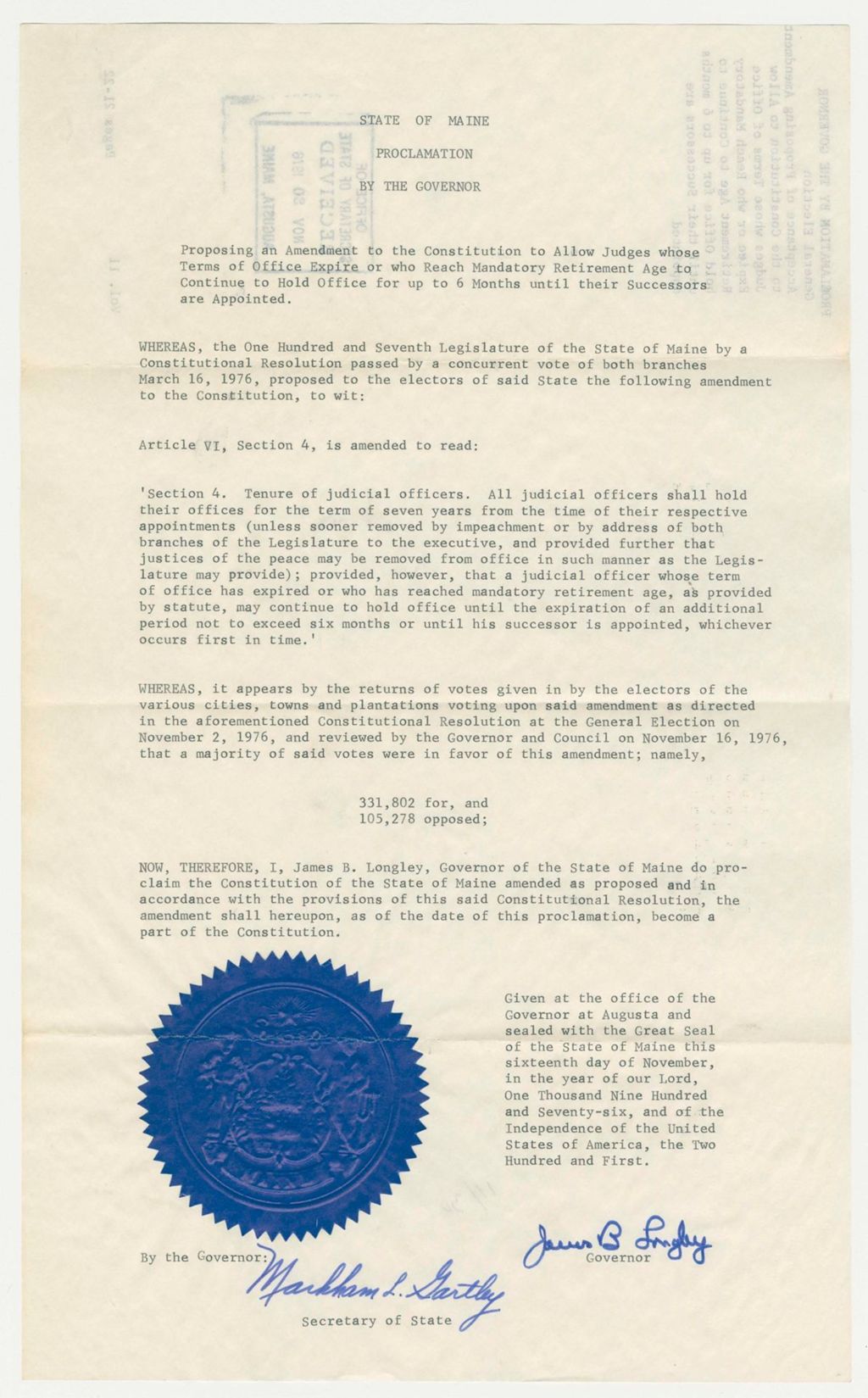 Miniature of Acceptance of Proposing Amendment to the Constitution to Allow Judges whose terms of Office Expire or who Reach Mandatory Retirement Age to Continue to hold Office for up to 6 months until their successors appointed