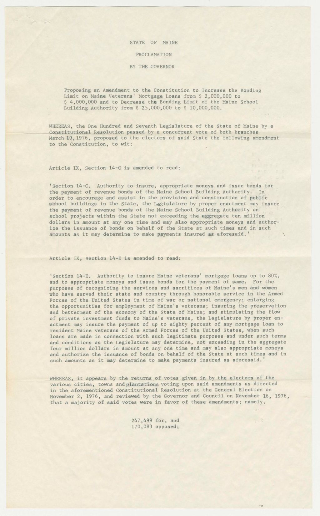 Miniature of Acceptance of Proposing and Amendment to the Constitution to Increase the Bonding Limit on Maine Veterans' Mortgage from $2,000,000 to $4,000,000 and to decrease the Bonding Limit of the Maine School Building Authority from $25,000,000 to $10,000,000