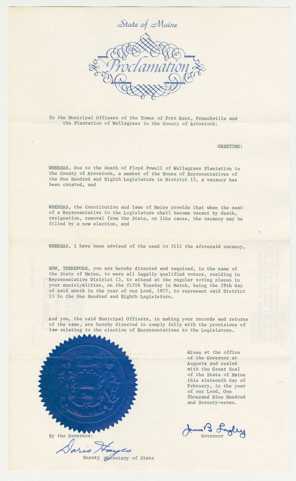 Miniature of Fort Kent, Frenchville and Plantation of Wallagrass to have an election to fill vacancy due to death of Floyd Powell in Representative District 15