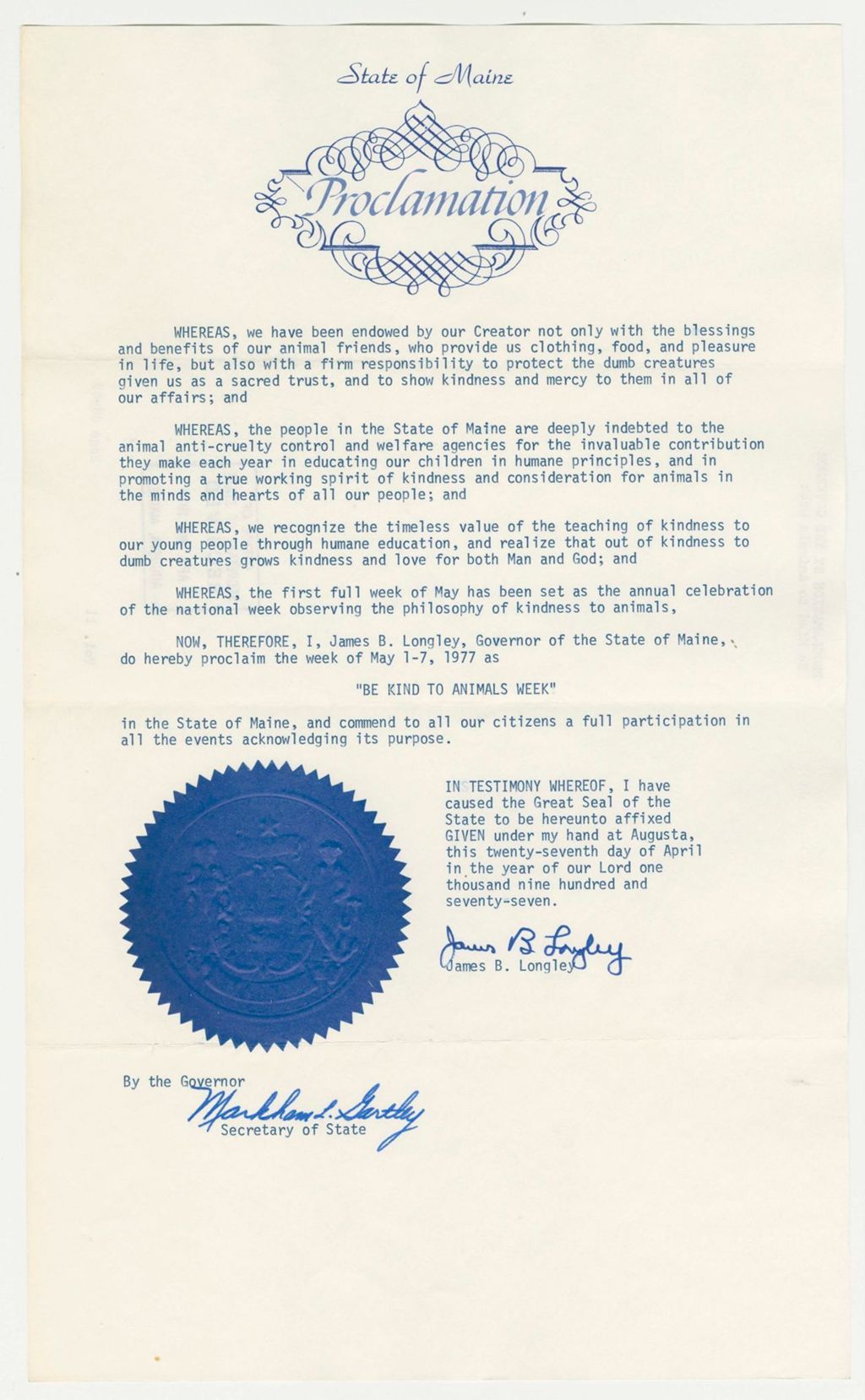 Miniature of "Be Kind to Animals Week" Proclamation