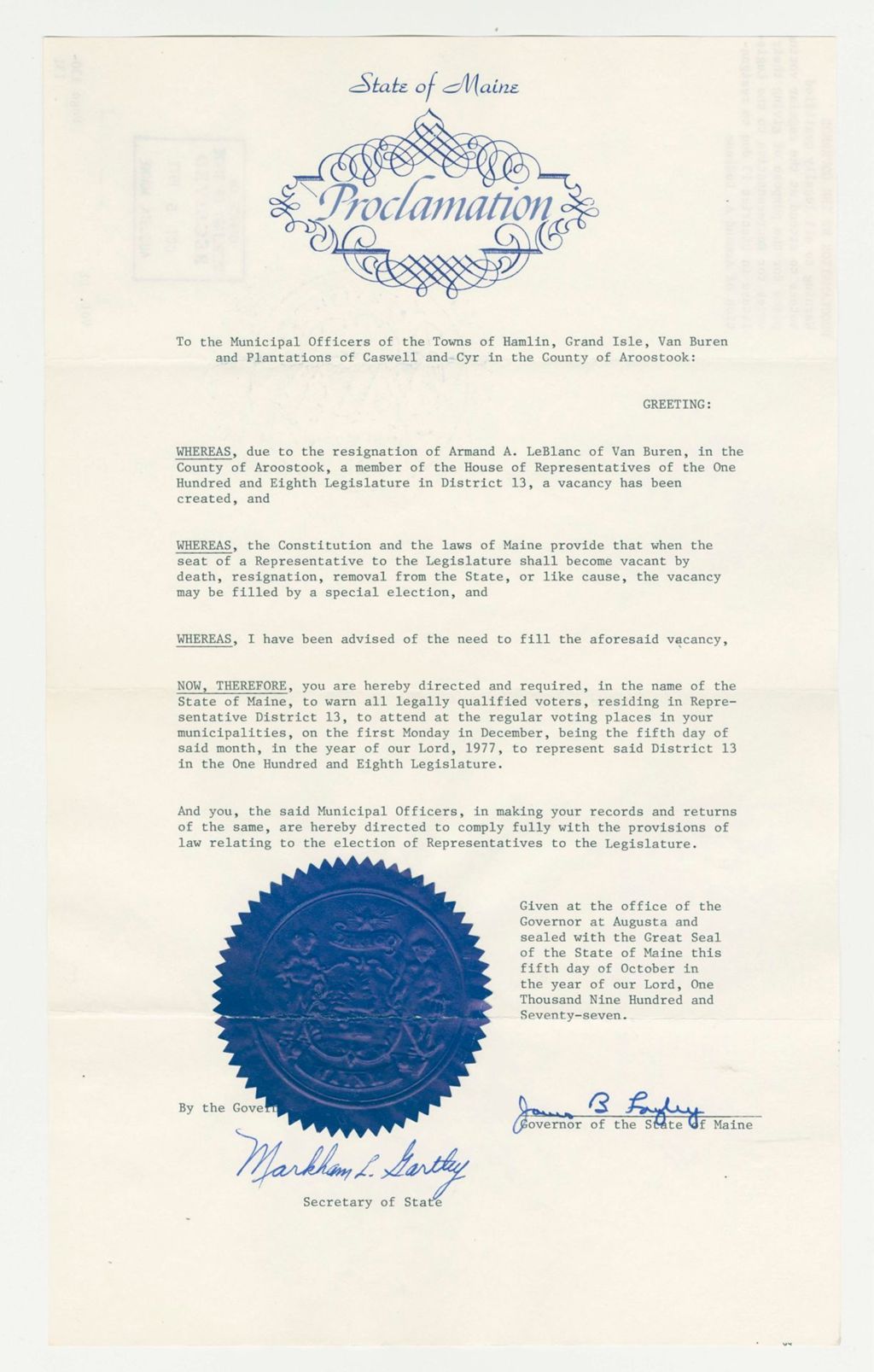 Miniature of Warning to all legally qualified voters to attend at the regular voting place for the purpose of giving their votes for Representative to the Legislature in District 13 due to resignation of Armand A. LeBlanc