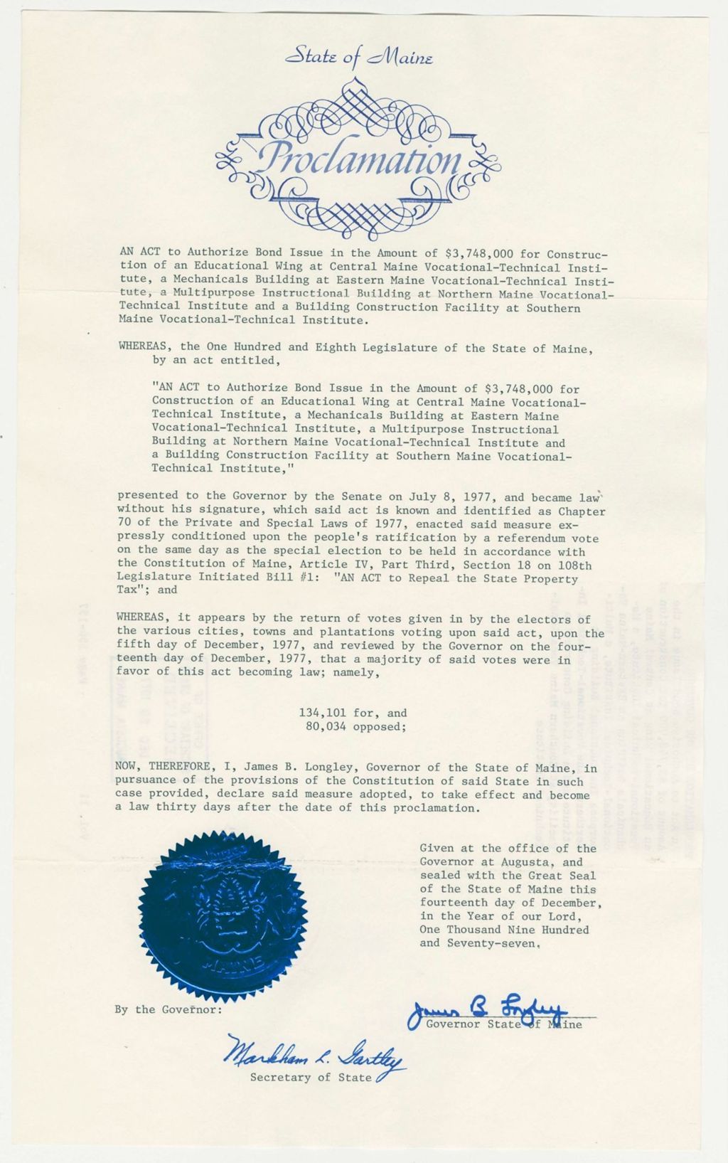 Miniature of An Act to Authorize Bond Issue in the Amount of $3,748,000 for Construction of an Educational Wing at Central Maine Vocational-Technical Institute, a Mechanicals Building at Eastern-Maine Vocational-Technical Institute, a Multipurpose Instructional Building at Northern Maine Vocational-Technical Institute and a Building Construction Facility at Southern Maine Vocational Technical Institute